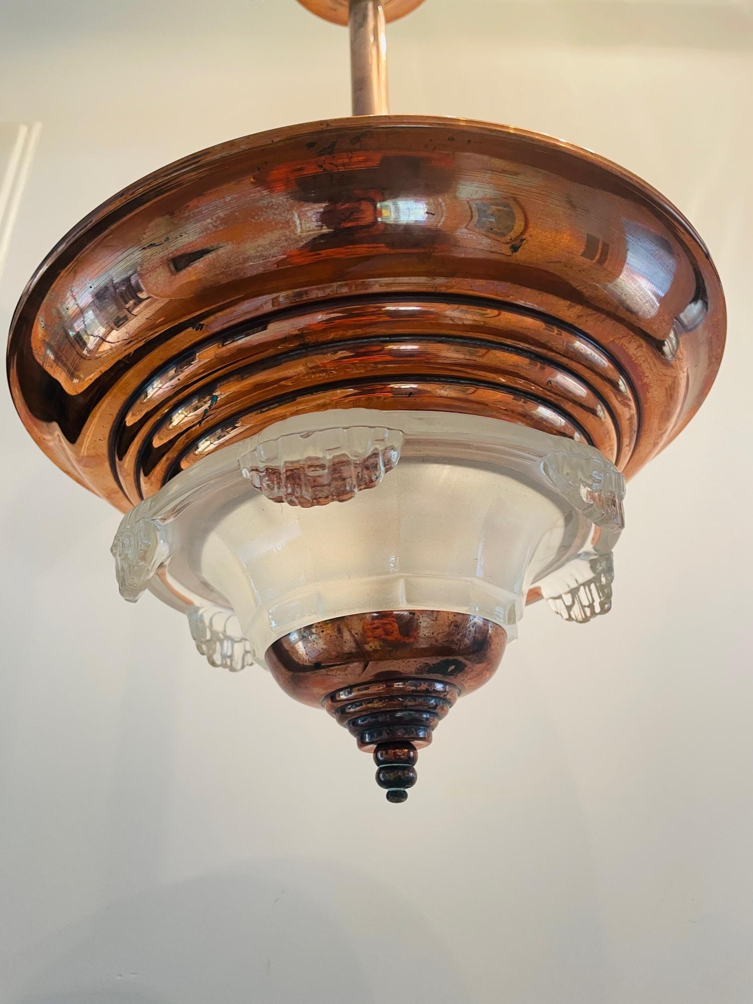 French Art Deco chandelier. Copper art deco ceiling lamp. French (Ezan) lamp. 7