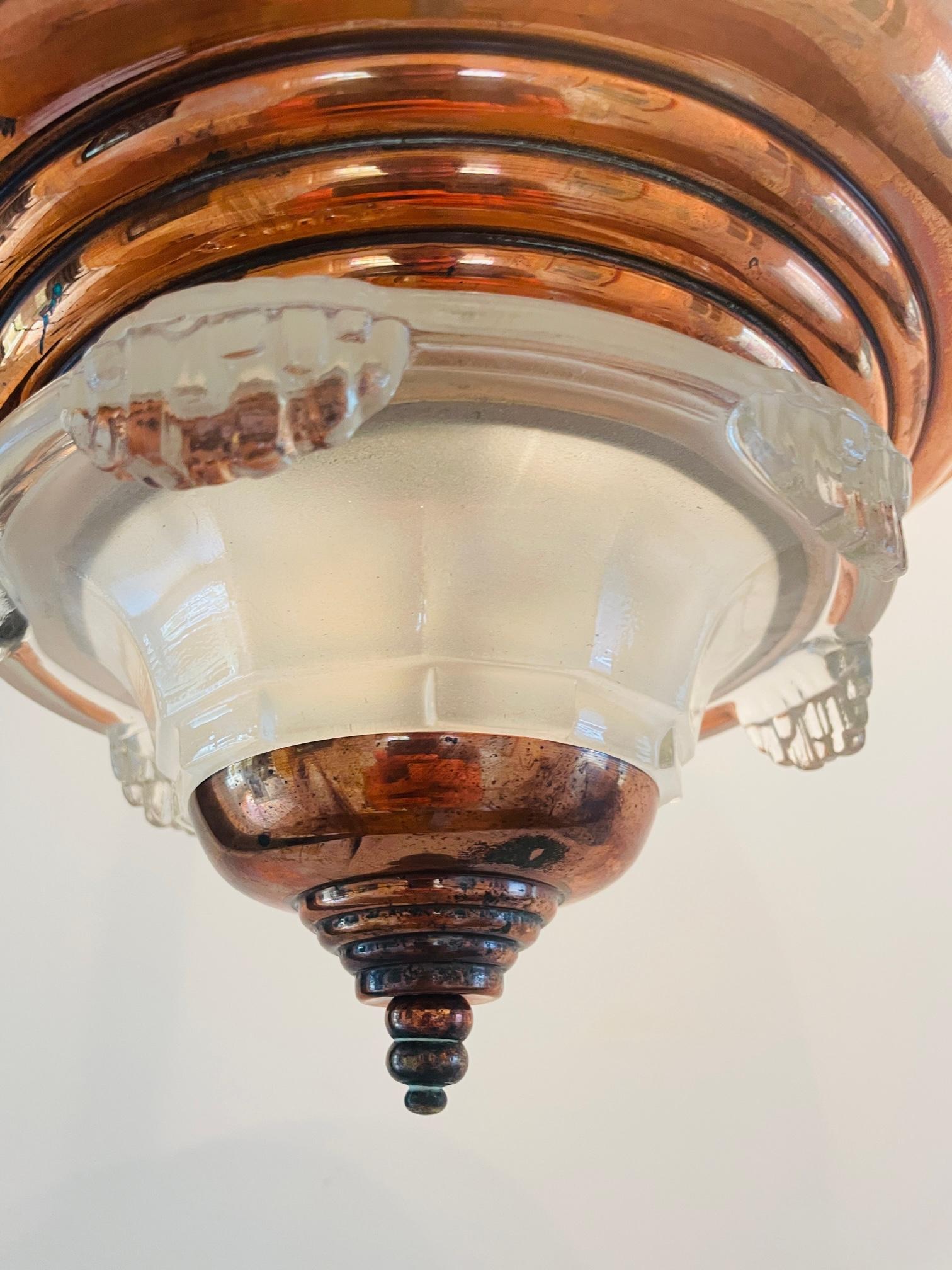 French Art Deco chandelier. Copper art deco ceiling lamp. French (Ezan) lamp. 8