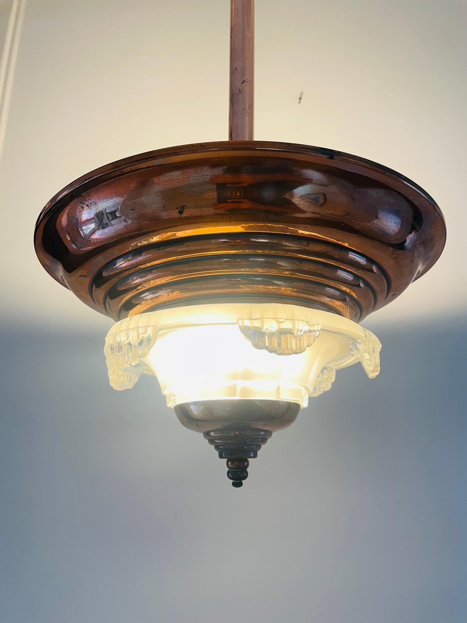 French Art Deco chandelier. Copper art deco ceiling lamp. French (Ezan) lamp. In Good Condition In ROTTERDAM, ZH