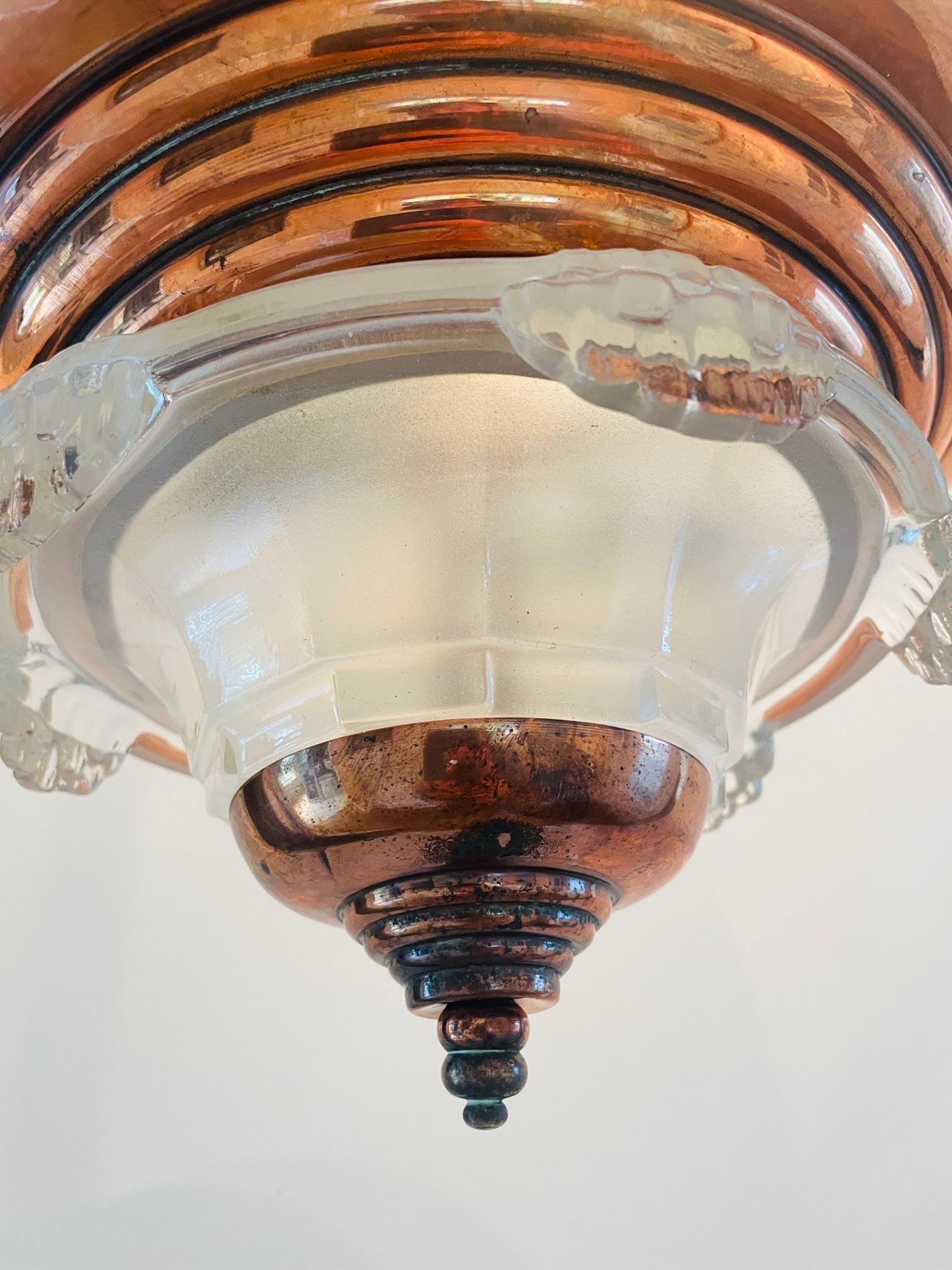 Mid-20th Century French Art Deco chandelier. Copper art deco ceiling lamp. French (Ezan) lamp.
