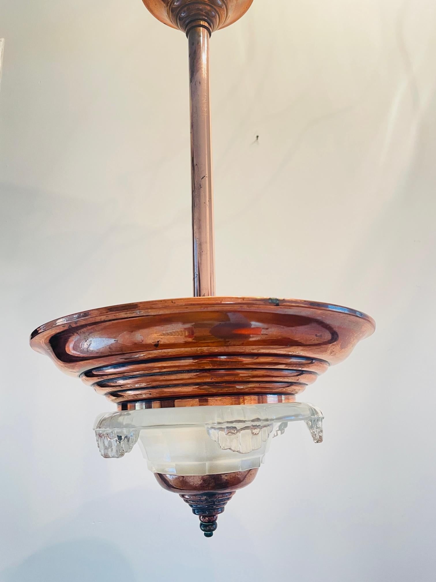French Art Deco chandelier. Copper art deco ceiling lamp. French (Ezan) lamp. 1
