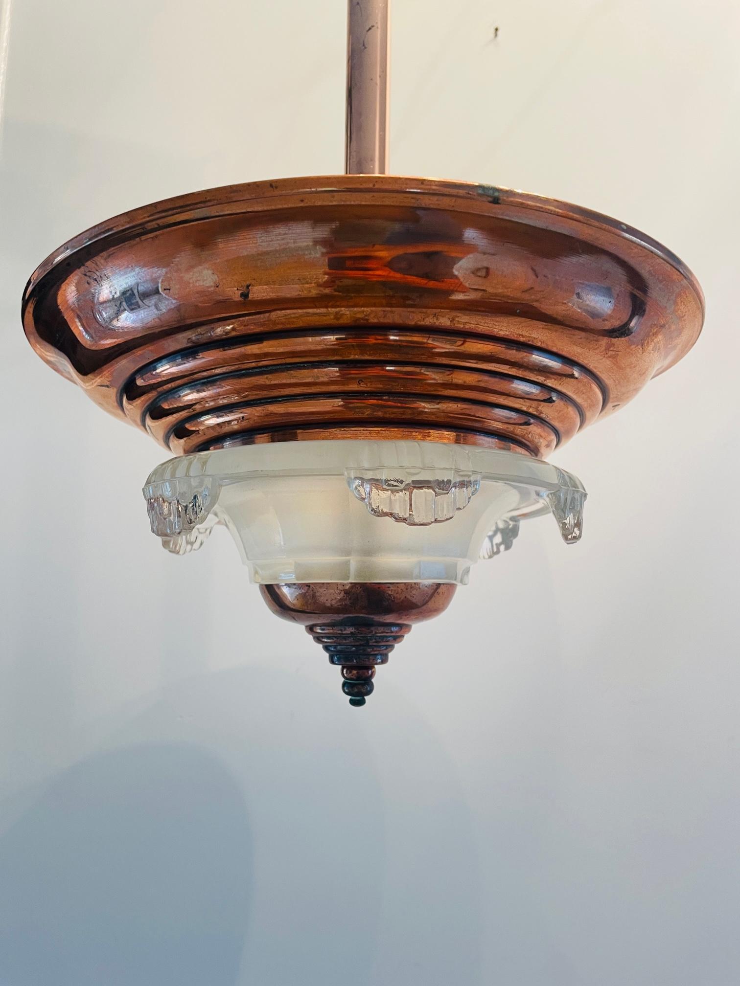 French Art Deco chandelier. Copper art deco ceiling lamp. French (Ezan) lamp. 2
