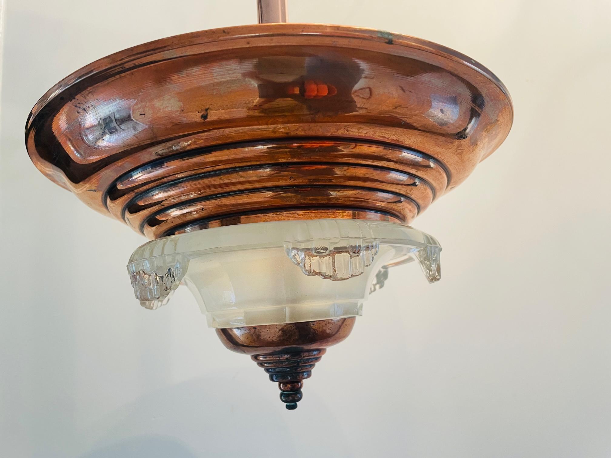 French Art Deco chandelier. Copper art deco ceiling lamp. French (Ezan) lamp. 4