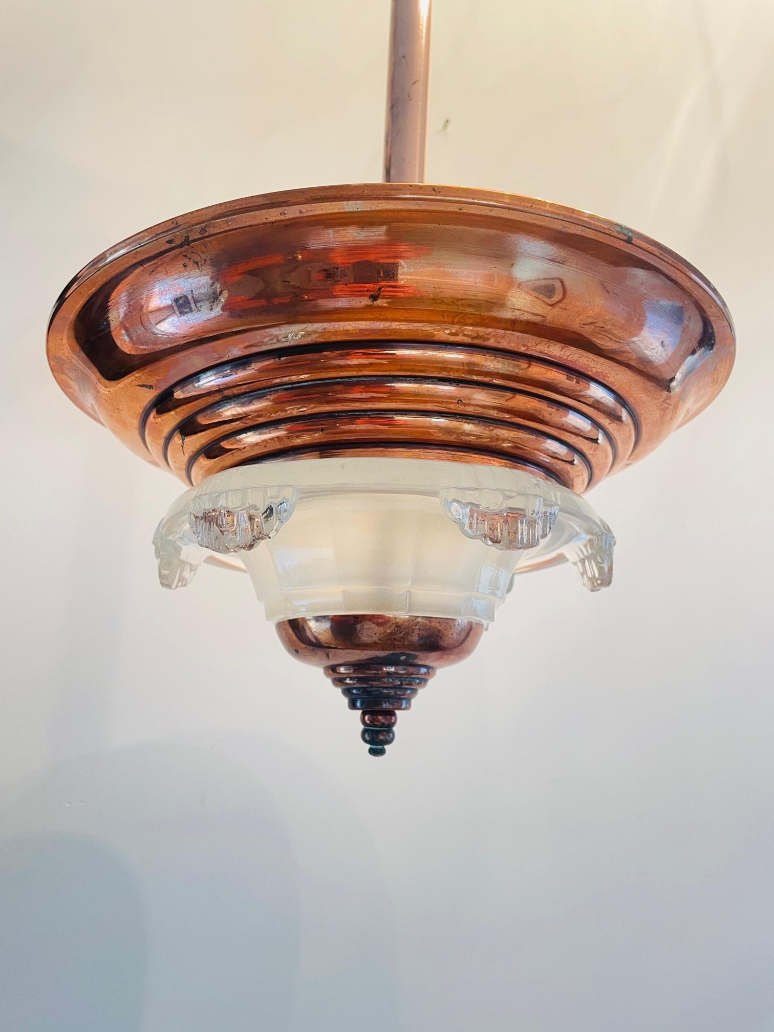 French Art Deco chandelier. Copper art deco ceiling lamp. French (Ezan) lamp. 5