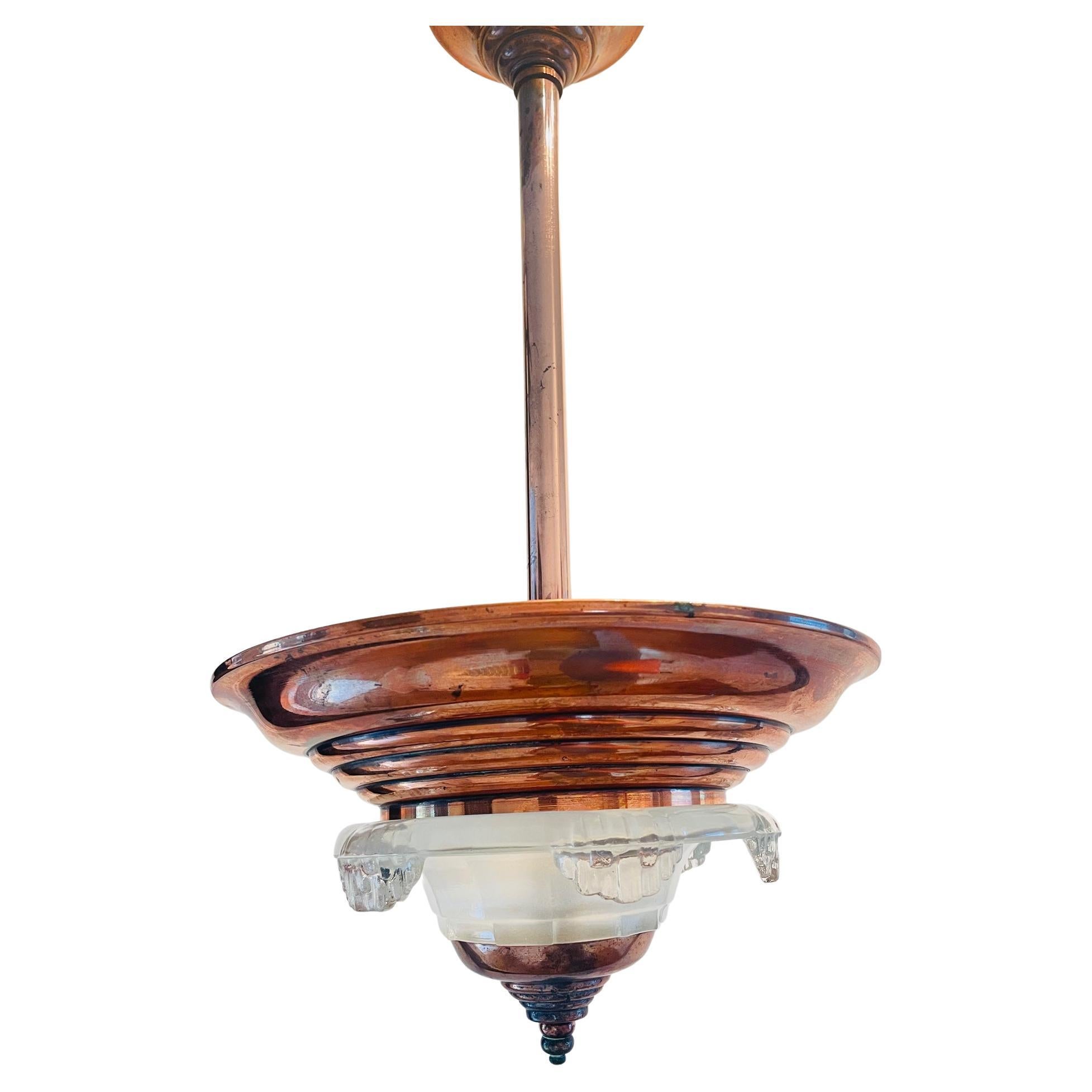 French Art Deco chandelier. Copper art deco ceiling lamp. French (Ezan) lamp.