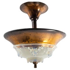Antique French Art Deco Chandelier Ezan Molded Glass & Copper Ceiling Pendant, C 1930