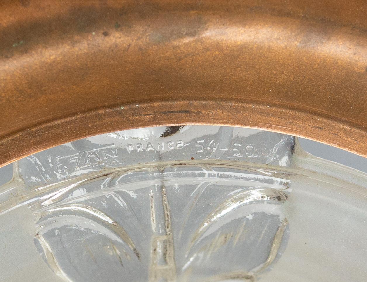 French Art Deco Chandelier Ezan Molded Glass & Copper Ceiling Pendant, C 1940 6