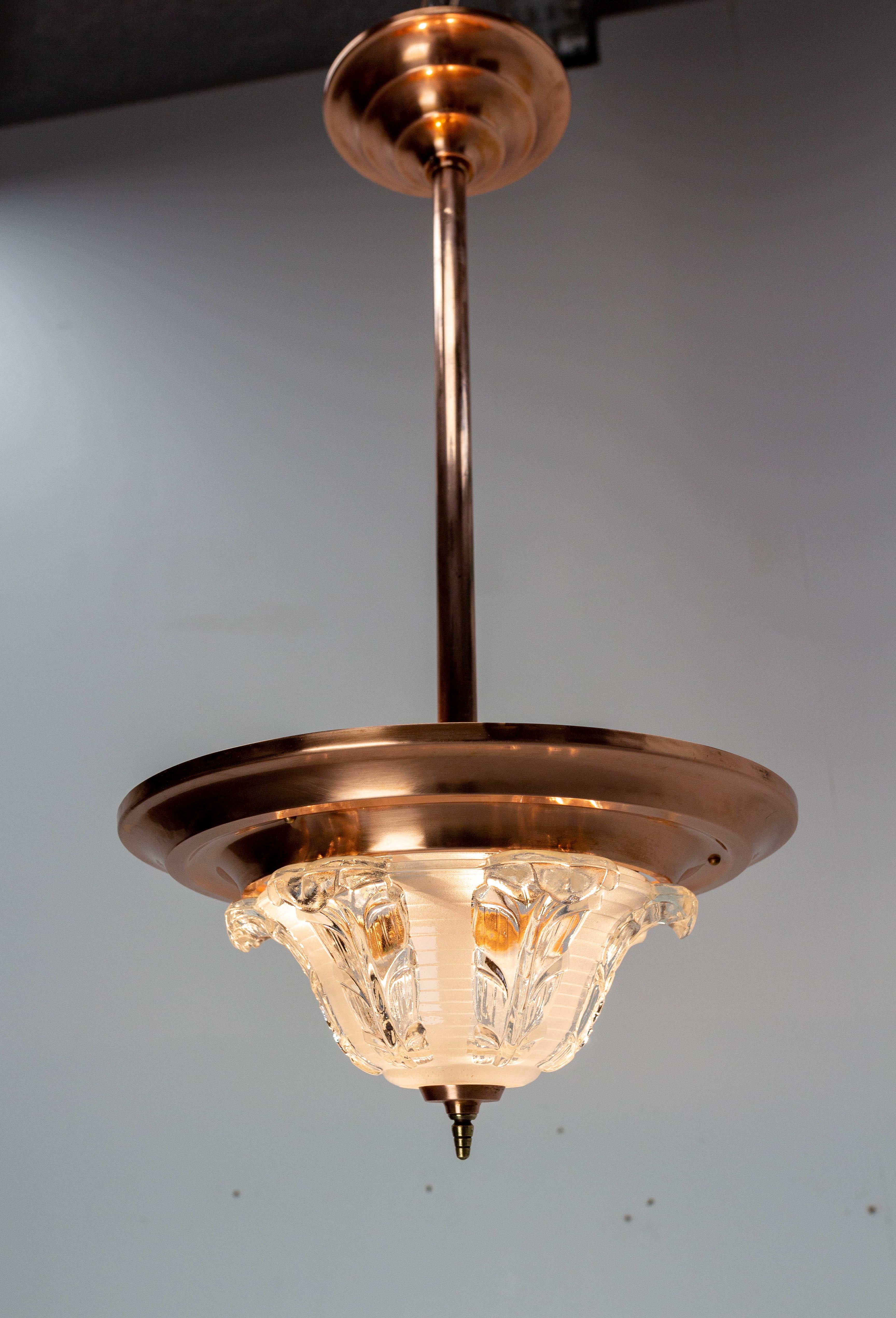 Art Glass French Art Deco Chandelier Ezan Molded Glass & Copper Ceiling Pendant, C 1940