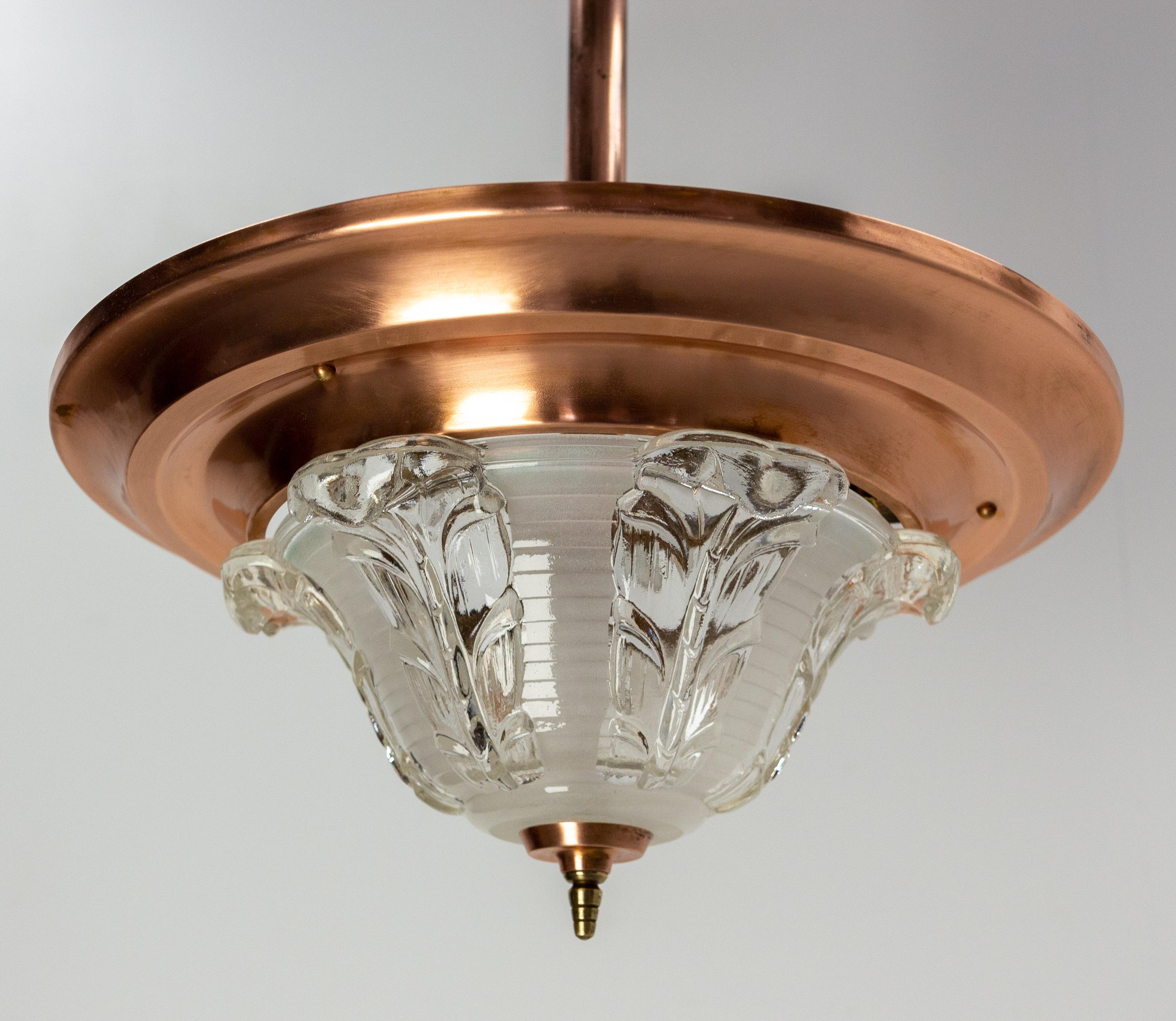 French Art Deco Chandelier Ezan Molded Glass & Copper Ceiling Pendant, C 1940 1
