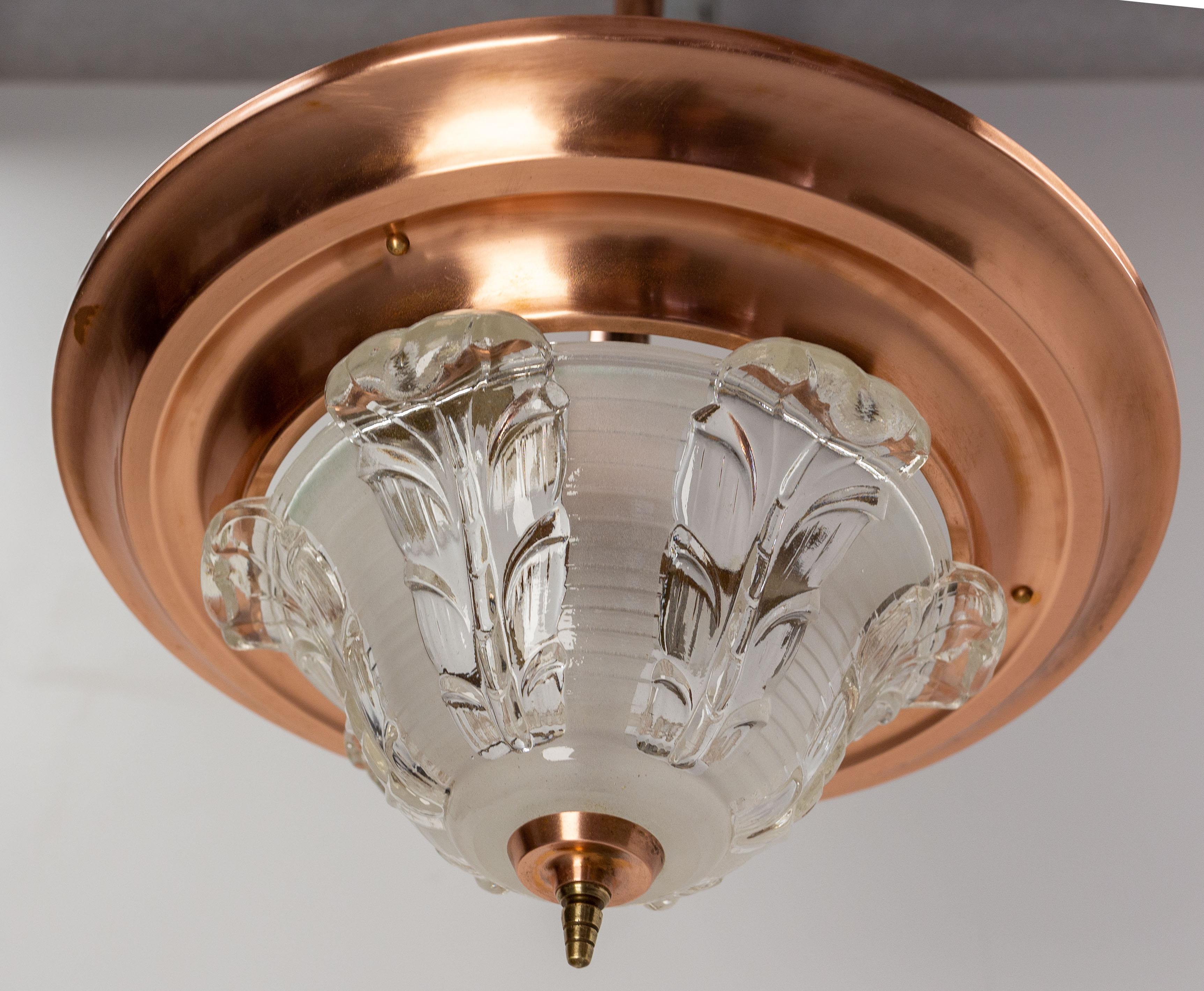 French Art Deco Chandelier Ezan Molded Glass & Copper Ceiling Pendant, C 1940 2
