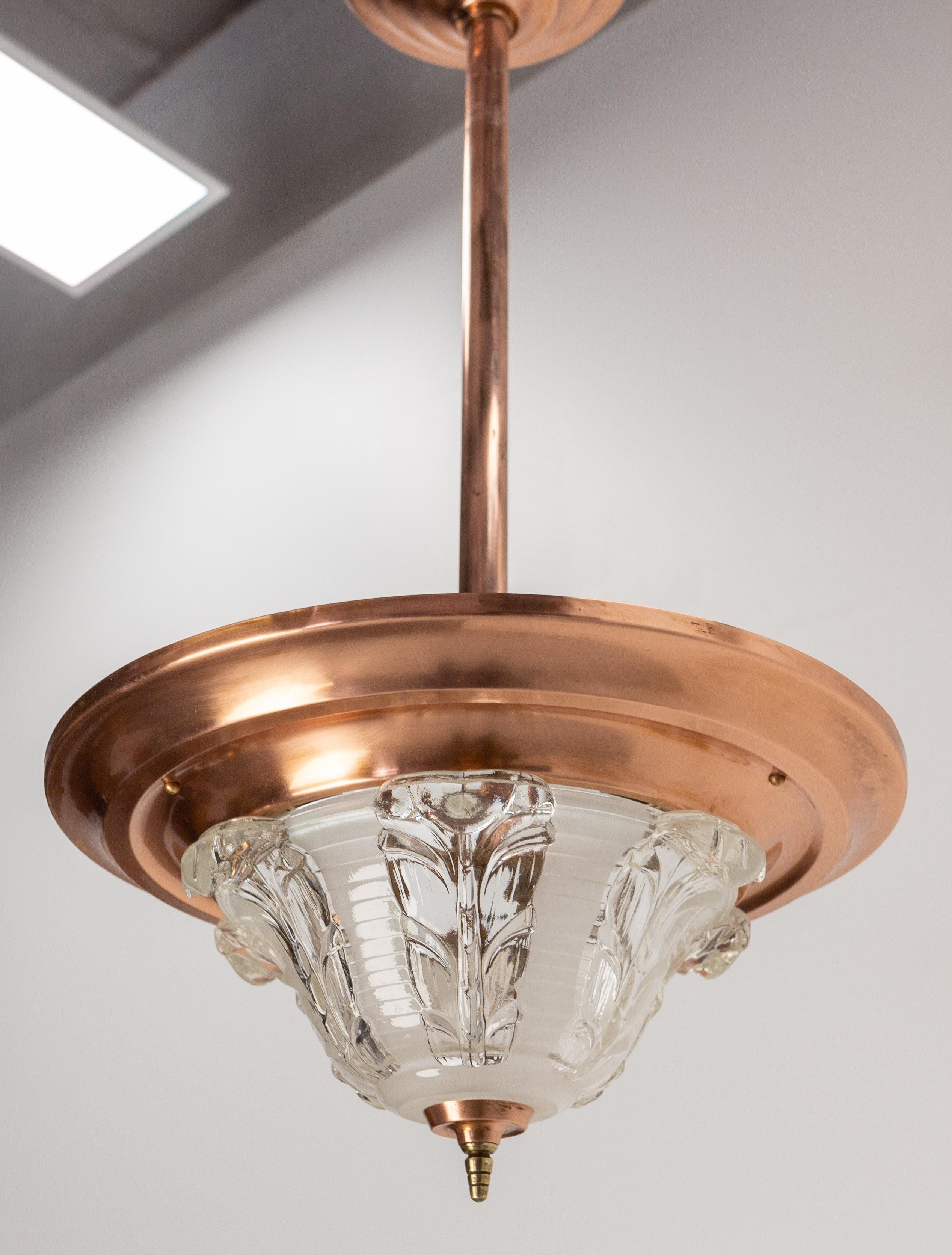 French Art Deco Chandelier Ezan Molded Glass & Copper Ceiling Pendant, C 1940 3