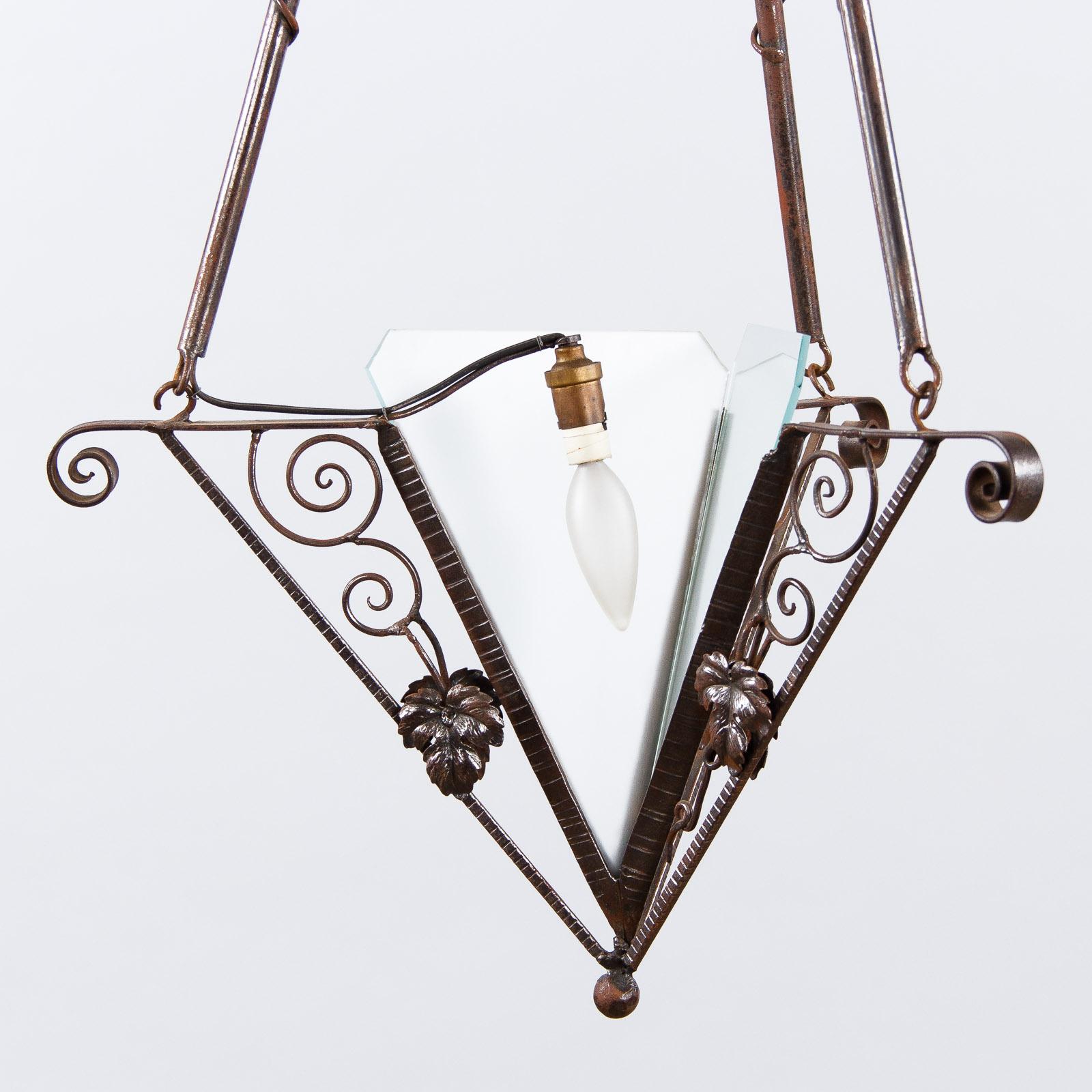 French Art Deco Triangular Wrought Iron and Frosted Glass Chandelier, 1930s 12