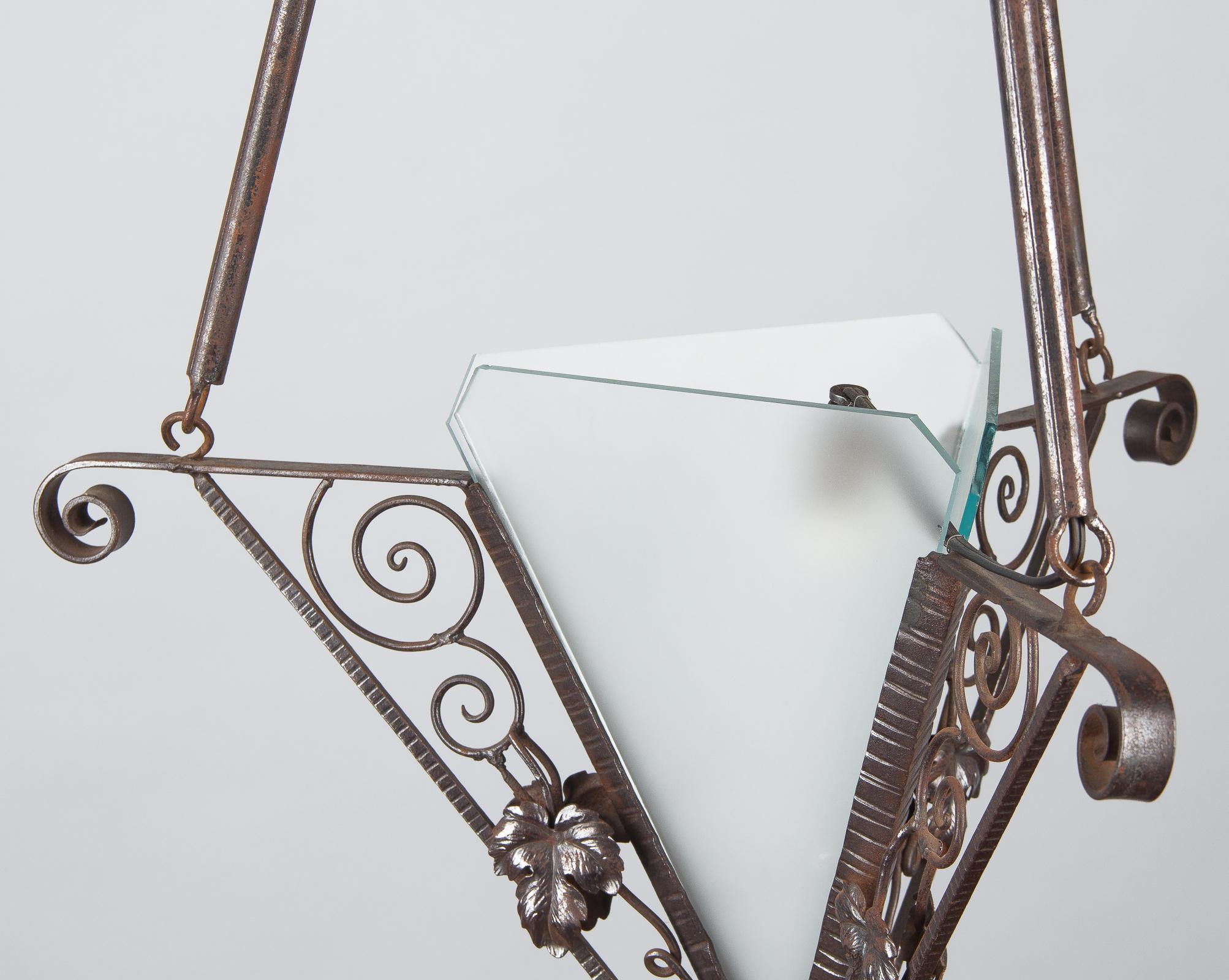 French Art Deco Triangular Wrought Iron and Frosted Glass Chandelier, 1930s 13