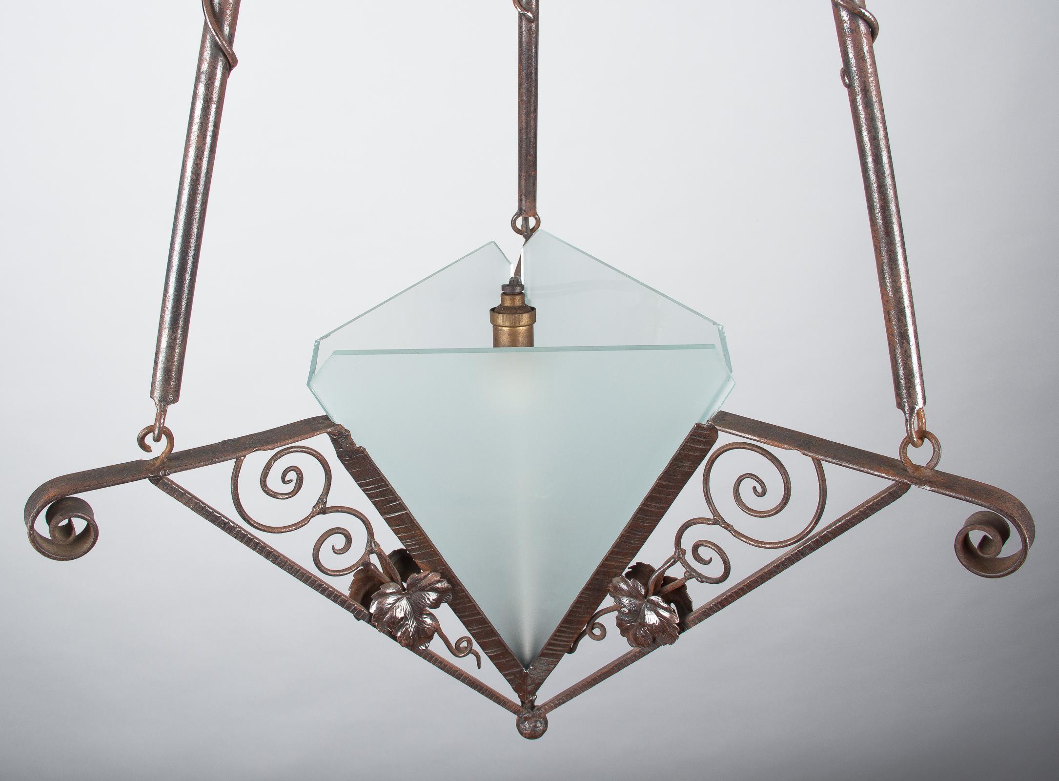 French Art Deco Triangular Wrought Iron and Frosted Glass Chandelier, 1930s 14