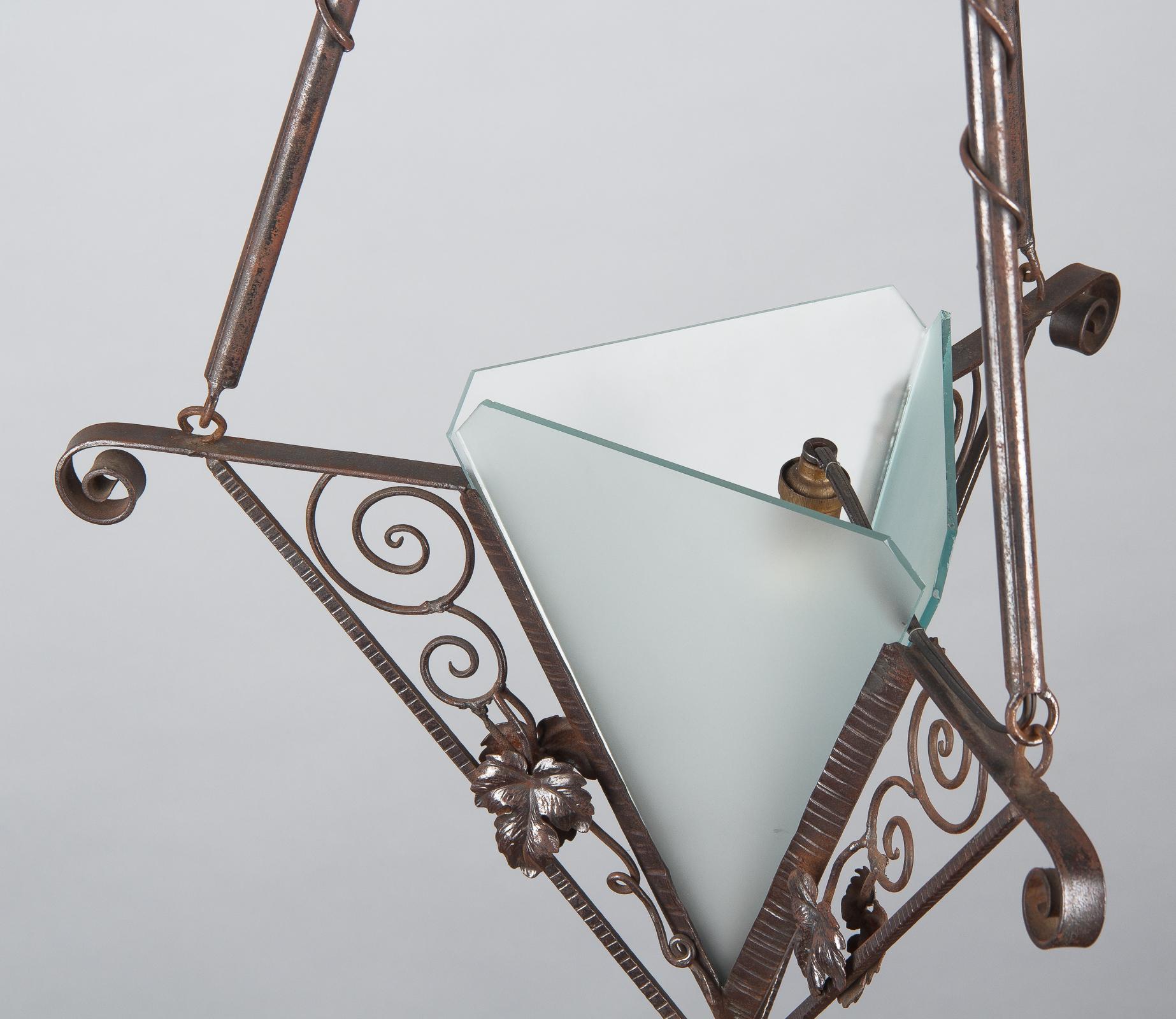 French Art Deco Triangular Wrought Iron and Frosted Glass Chandelier, 1930s 15