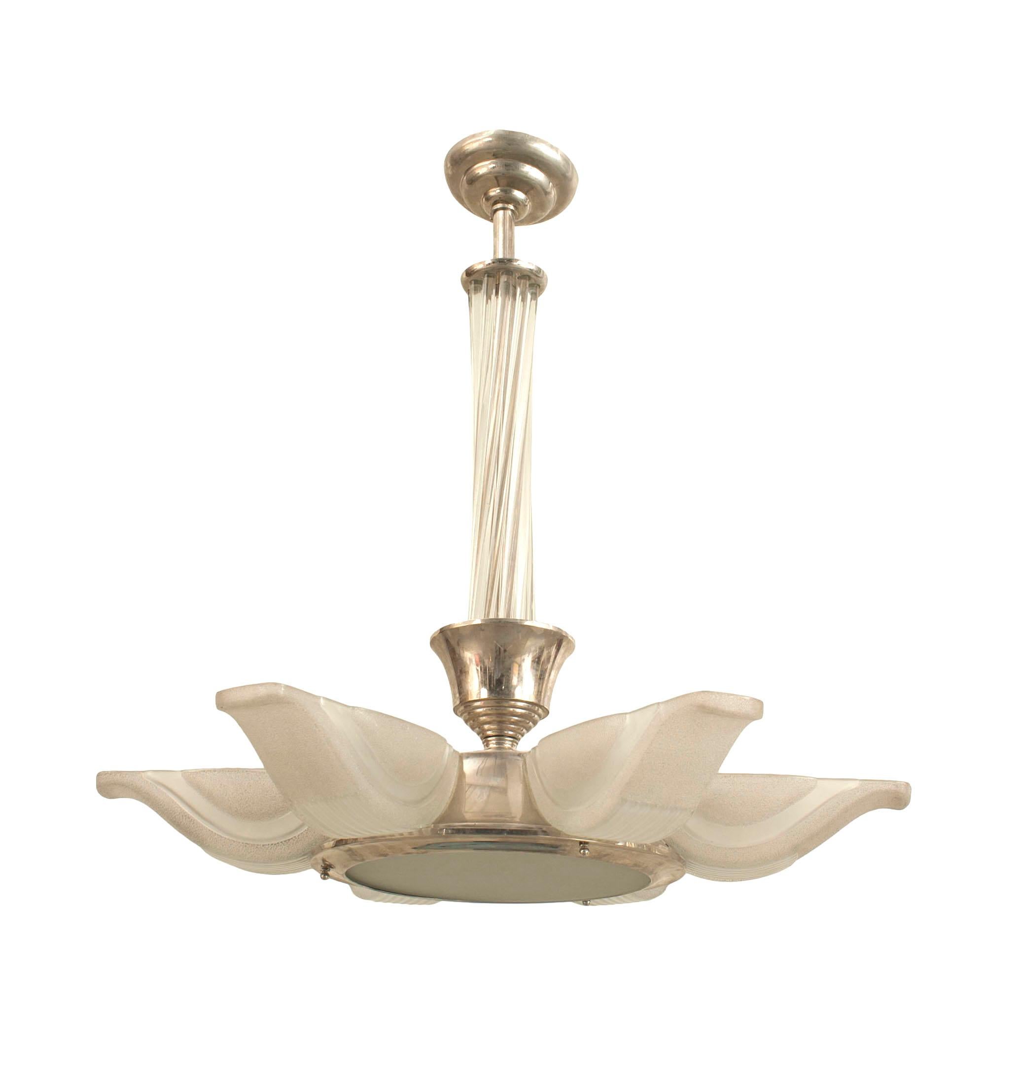 French Art Deco chandelier with six frosted glass shades having a fluted design bottom emanating from a chrome round frame with a clear swirl glass stem.

 