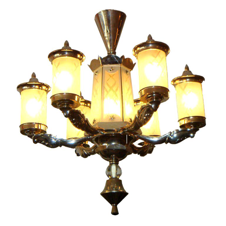 French Art Deco Nickel Plated & Etched Frosted Glass Shades Chandelier 1940