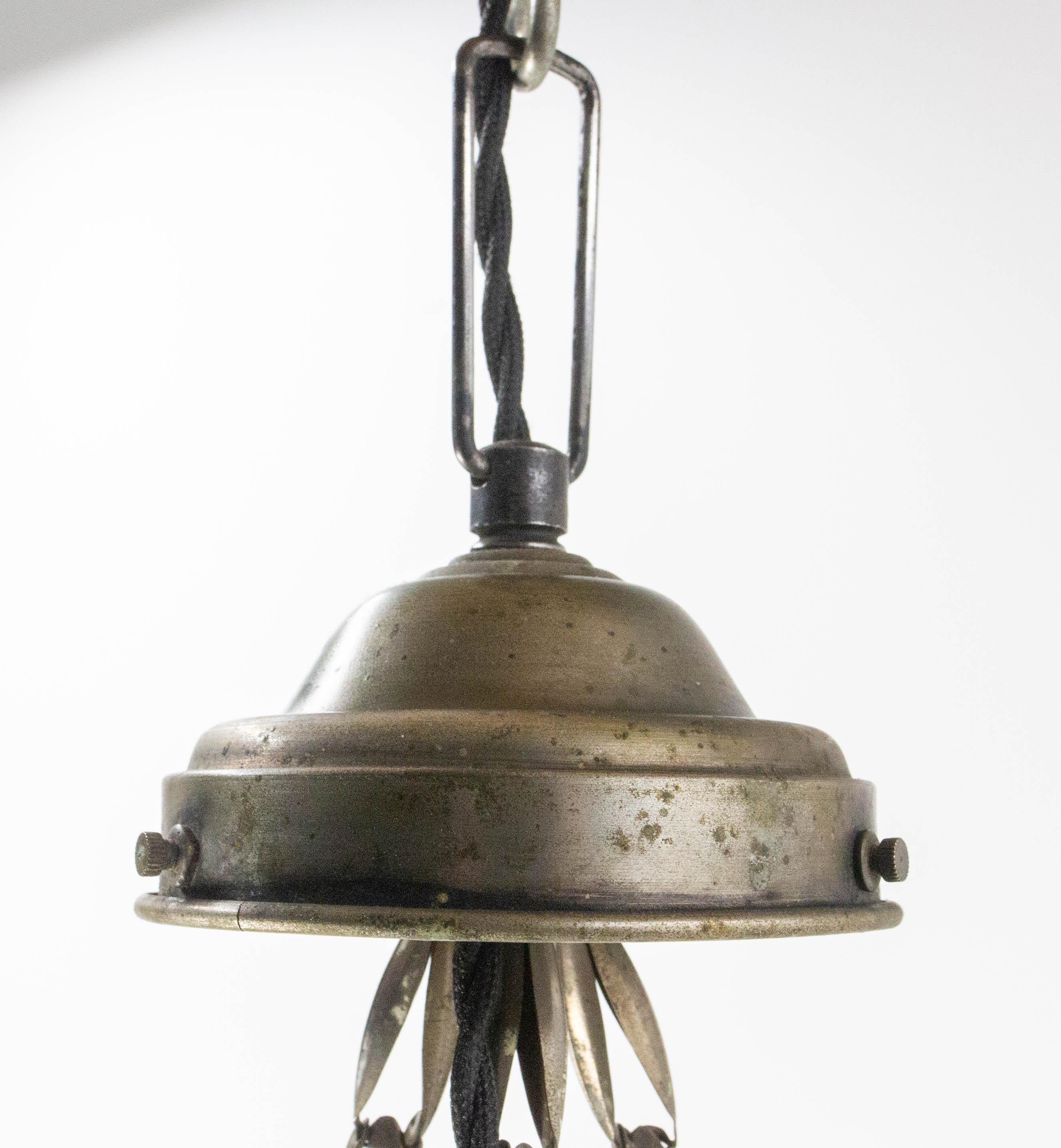 French Art Deco Chandelier Frozen Glass & Aluminium Ceiling Pendant, circa 1930 For Sale 3