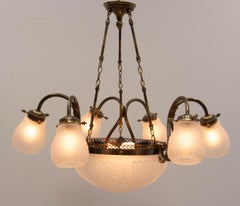 French Art Deco Chandelier Frozen Glass & Brass Ceiling Pendant, circa 1930