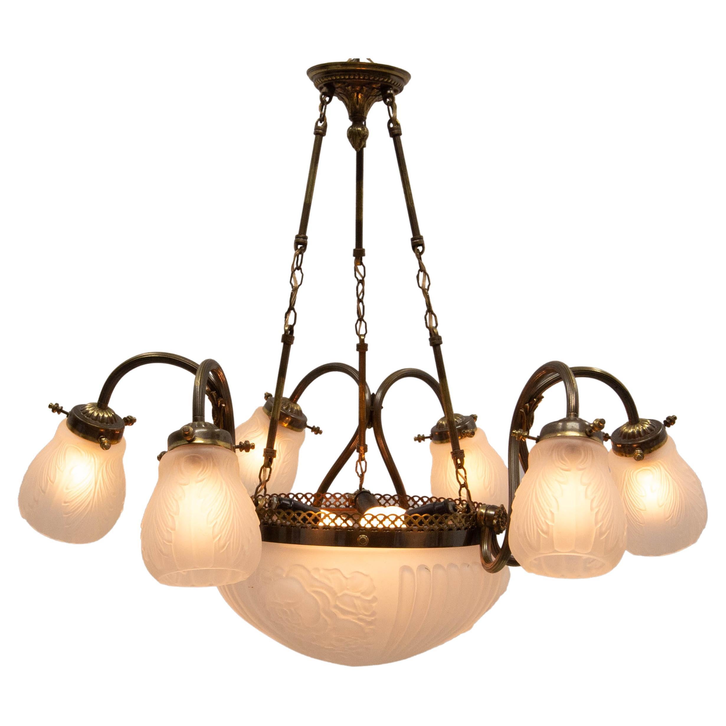 French Art Deco Chandelier Frozen Glass & Brass Ceiling Pendant, circa 1930