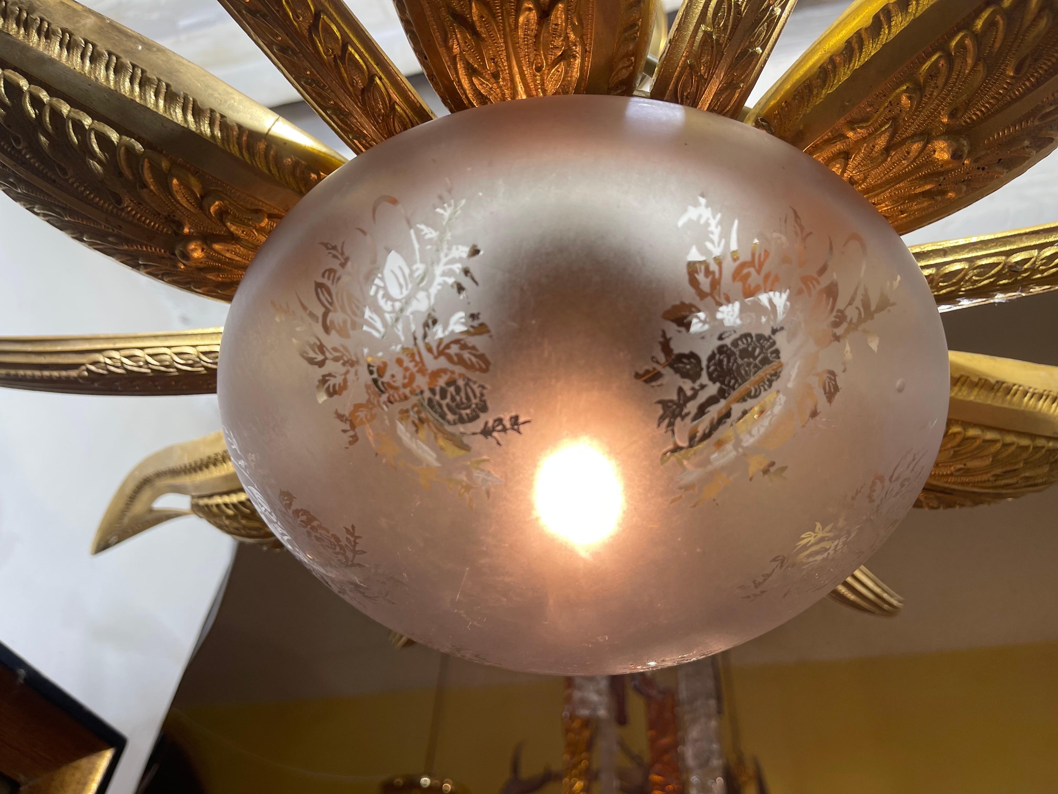 French Art Deco Chandelier Gilt Bronze and original Glass Starburst Sunburst For Sale 5