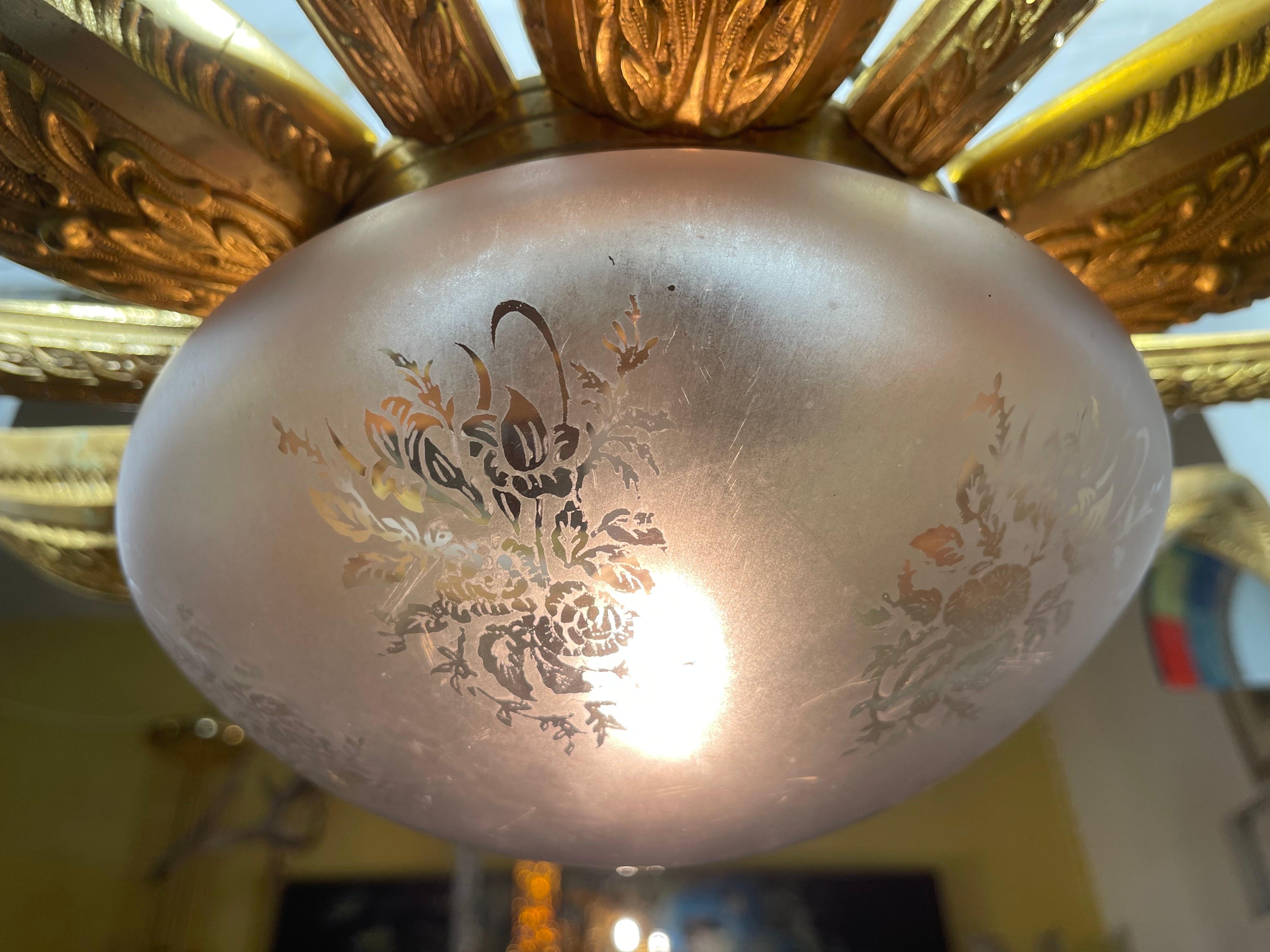 French Art Deco Chandelier Gilt Bronze and original Glass Starburst Sunburst For Sale 6