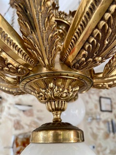 French Art Deco Chandelier Gilt Bronze and original opaline Glass , 1930s