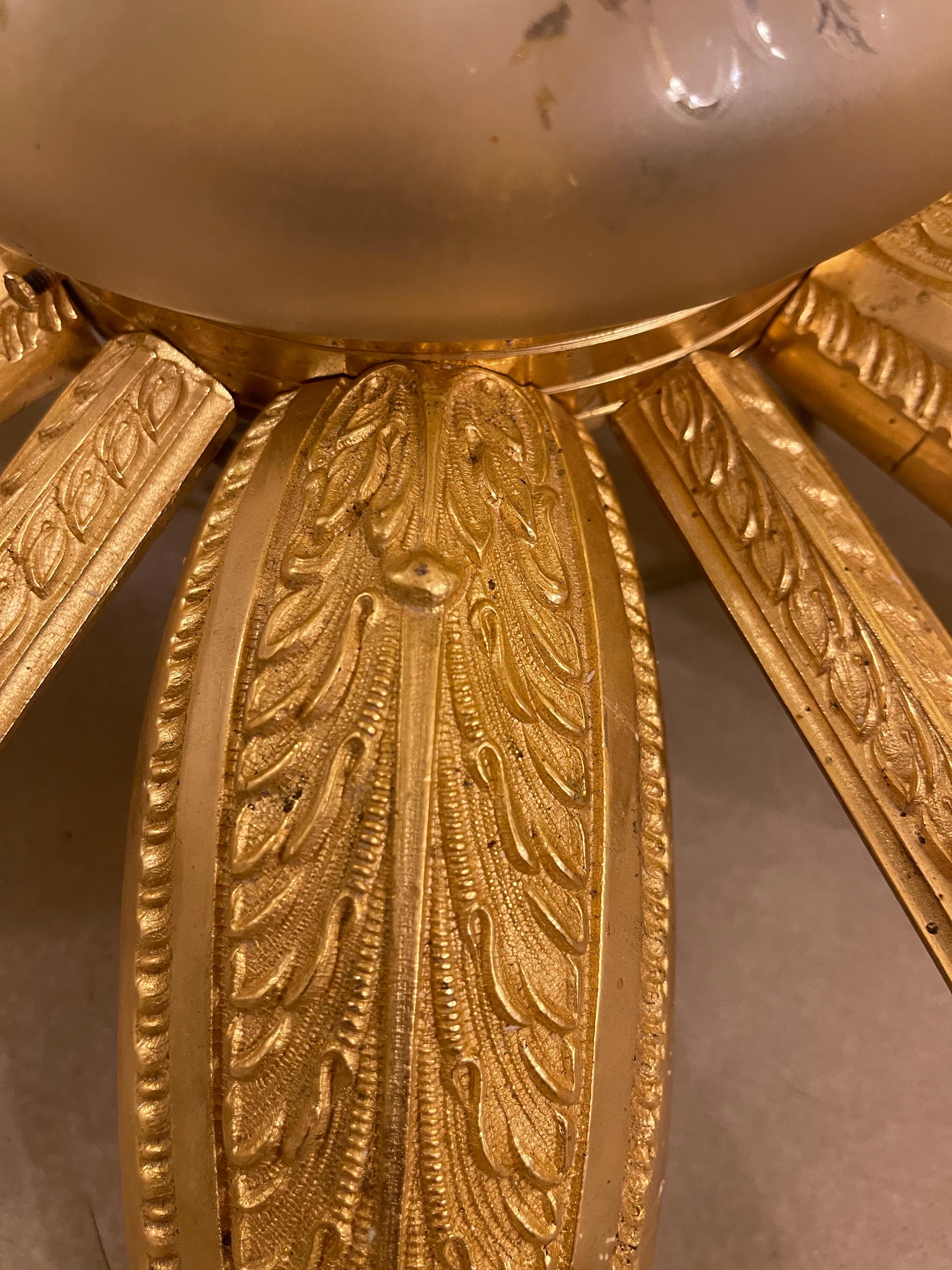 Mid-20th Century French Art Deco Chandelier Gilt Bronze and original Glass Starburst Sunburst For Sale