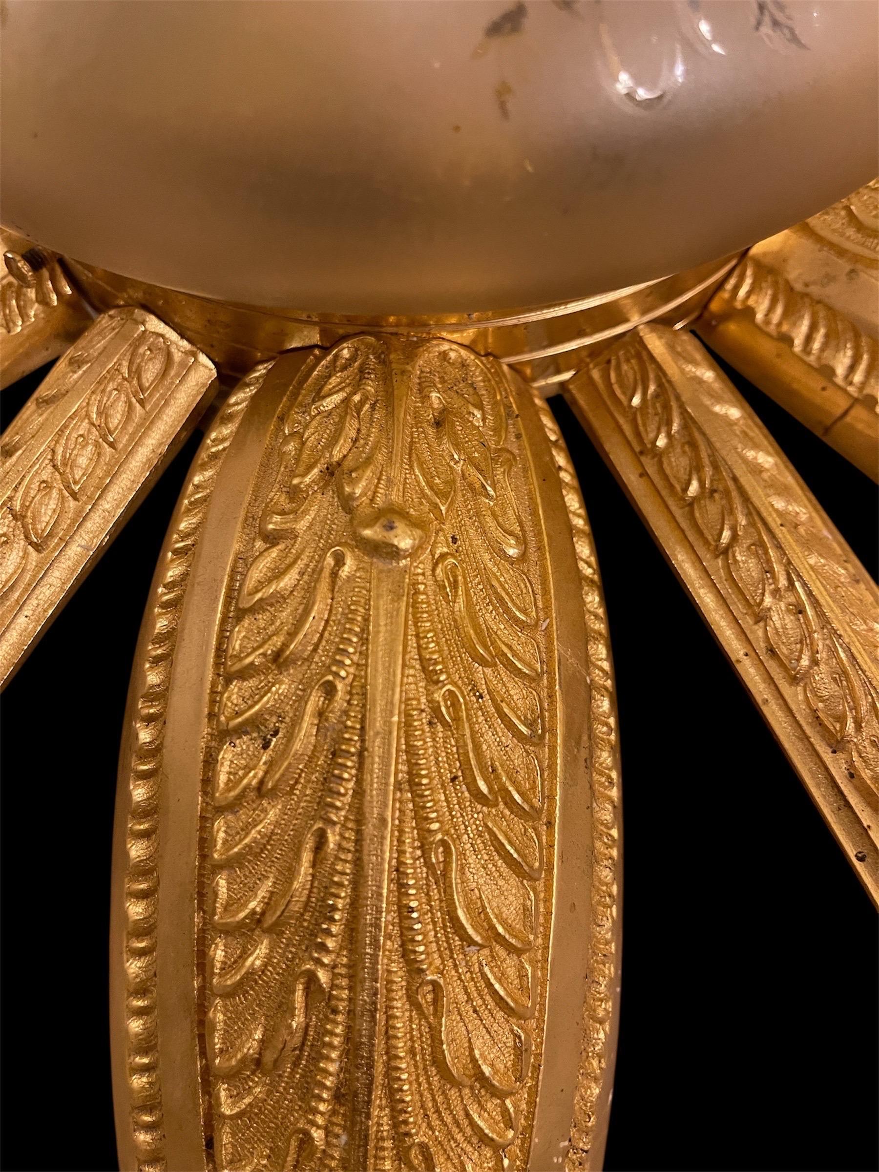 French Art Deco Chandelier Gilt Bronze and original Glass Starburst Sunburst For Sale 2