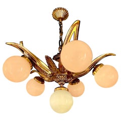 French Art Deco Chandelier Gilt Bronze and original Glass Starburst Sunburst