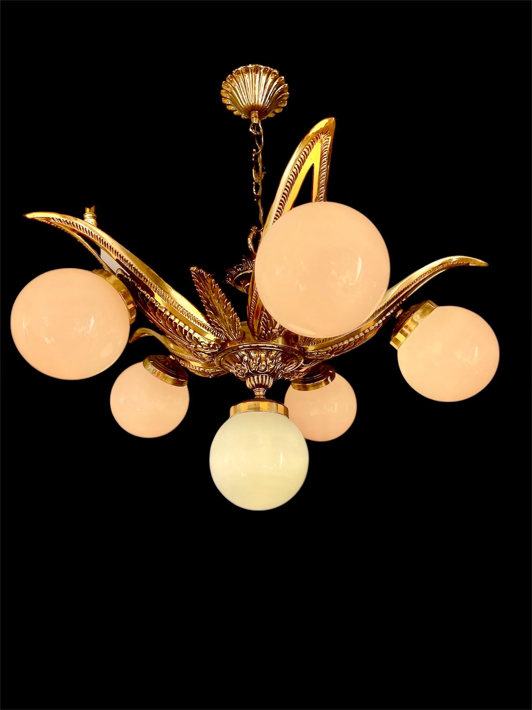 French Art Deco Chandelier Gilt Bronze and original Glass Starburst Sunburst For Sale