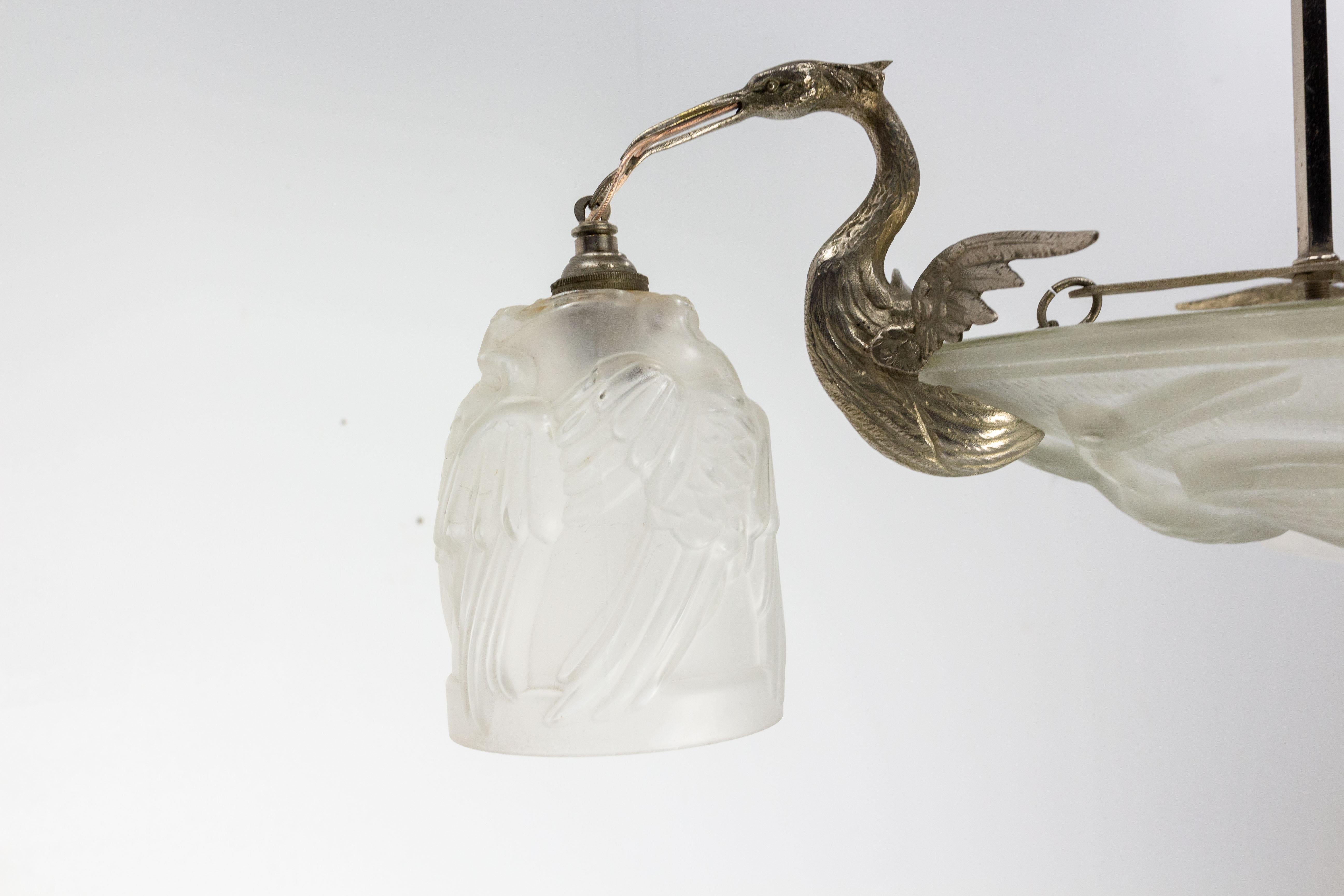 French Art Deco Chandelier Glass & Chrome with Herons Ceiling Pendant, C 1930 For Sale 2
