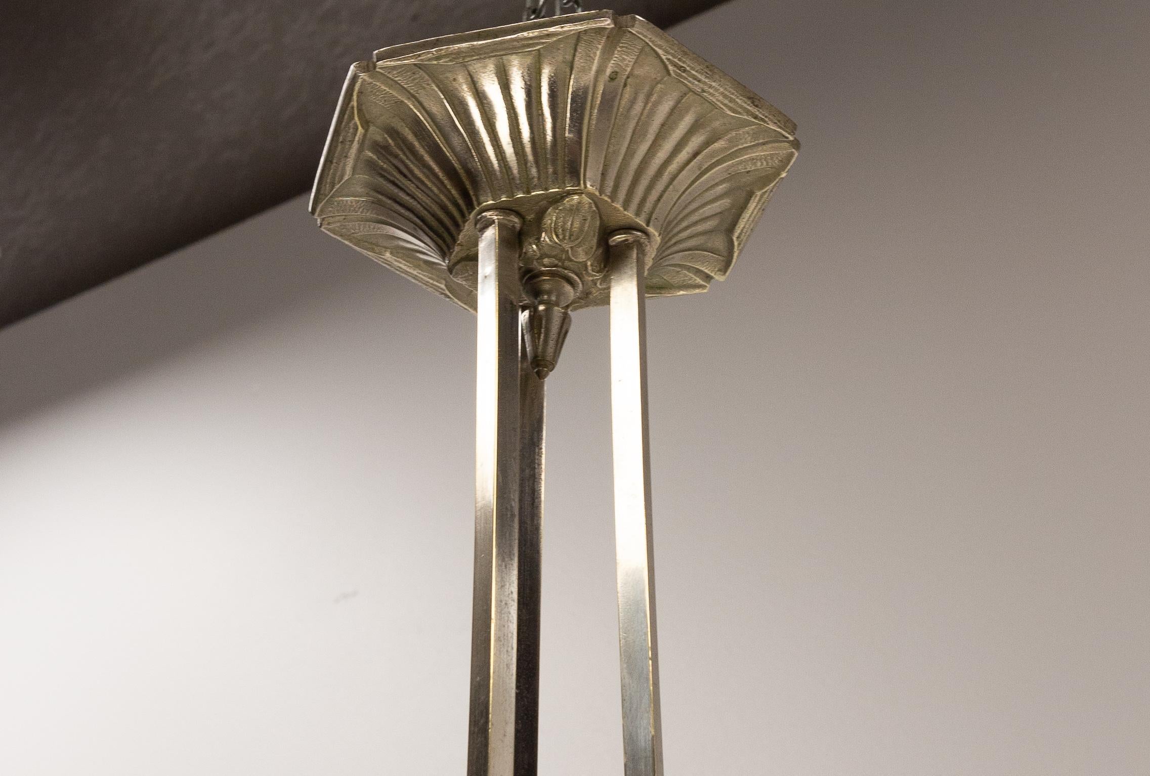 French Art Deco Chandelier Glass & Chrome with Herons Ceiling Pendant, C 1930 For Sale 5