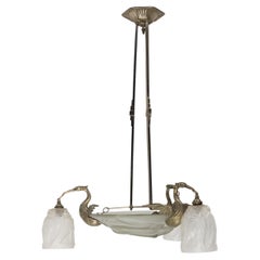 French Art Deco Chandelier Glass & Chrome with Herons Ceiling Pendant, C 1930