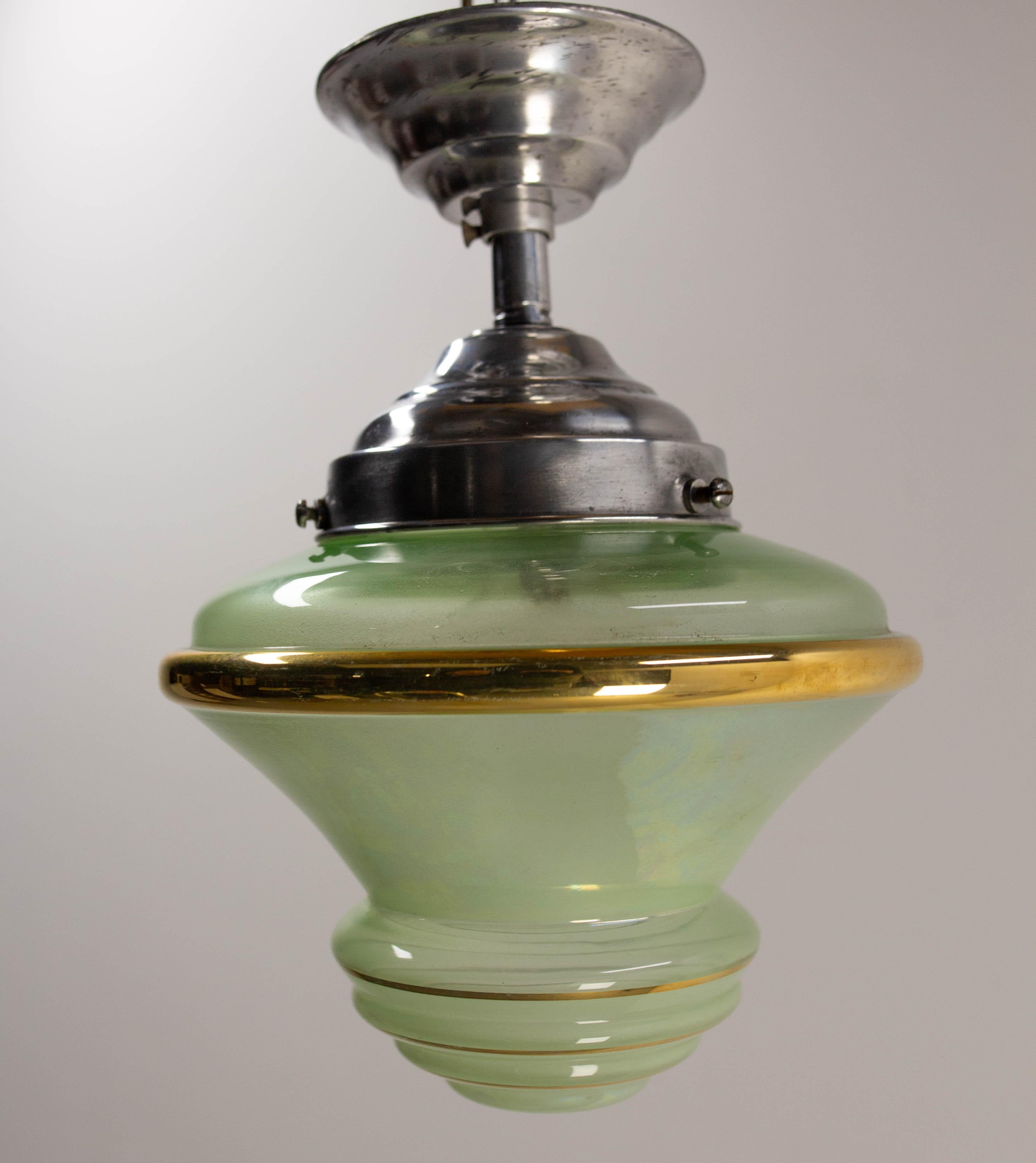 French Art Deco Chandelier Green Art Glass & Aluminium Ceiling Pendant, c 1920 In Fair Condition For Sale In Labrit, Landes