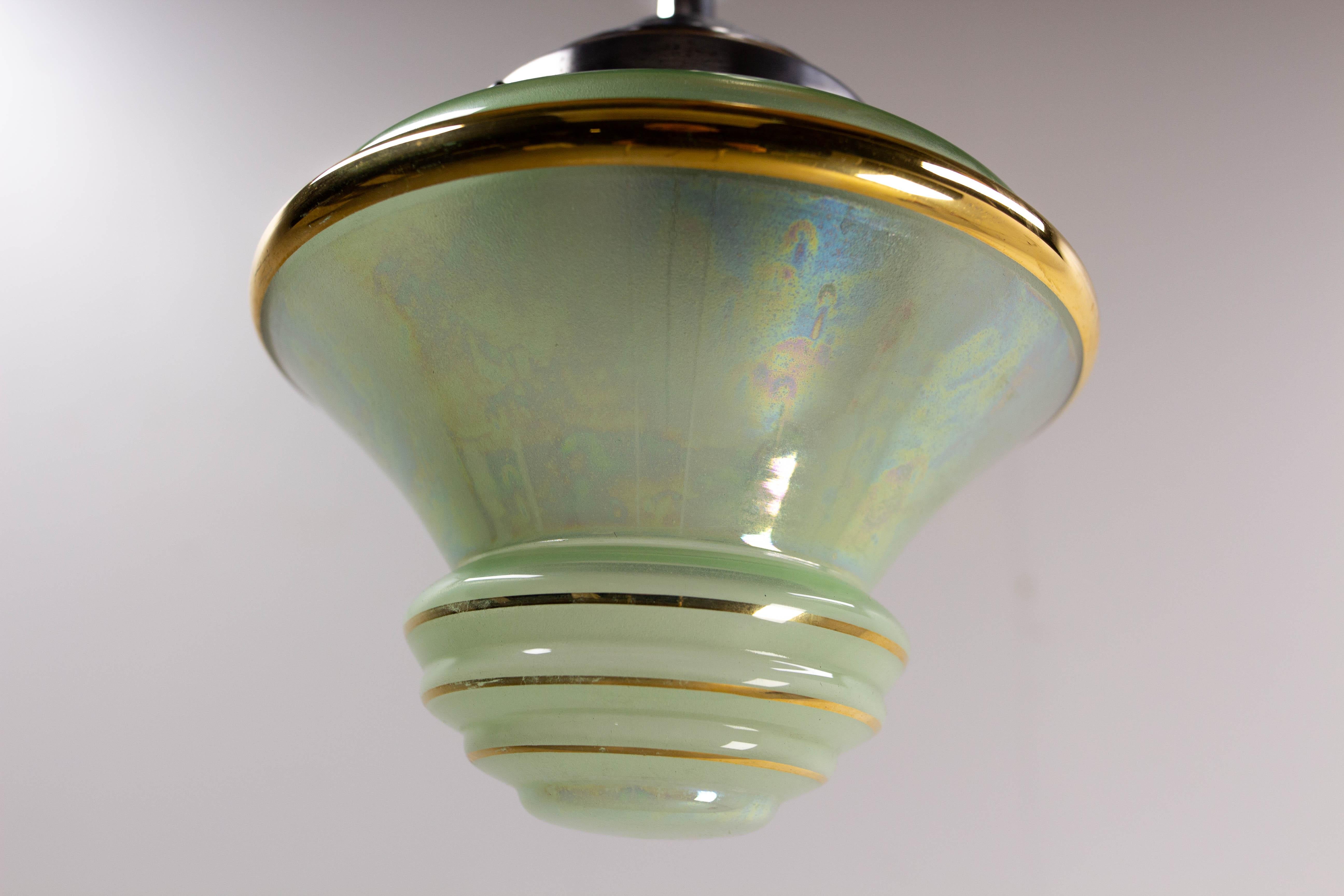 Early 20th Century French Art Deco Chandelier Green Art Glass & Aluminium Ceiling Pendant, c 1920 For Sale