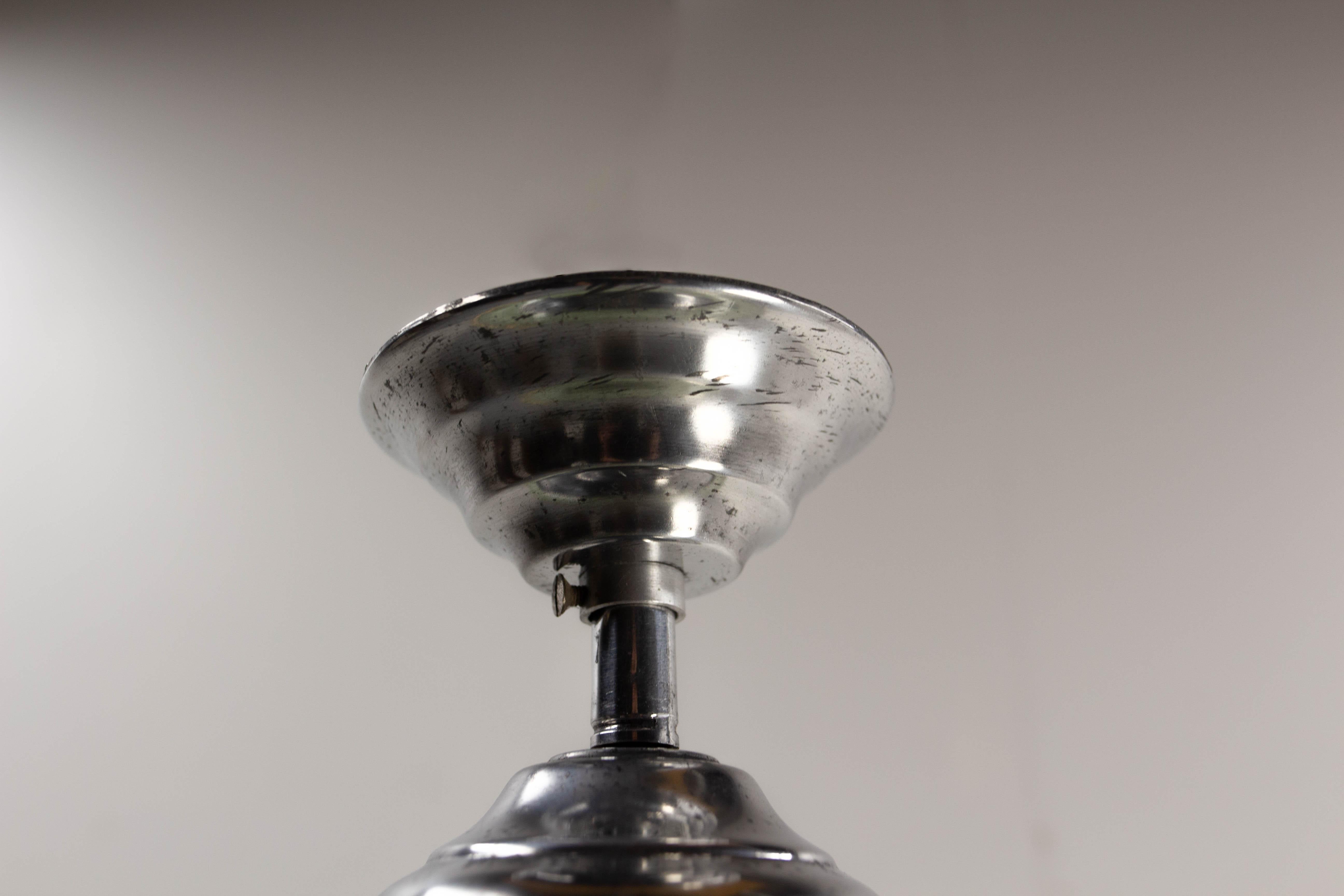 Aluminum French Art Deco Chandelier Green Art Glass & Aluminium Ceiling Pendant, c 1920 For Sale