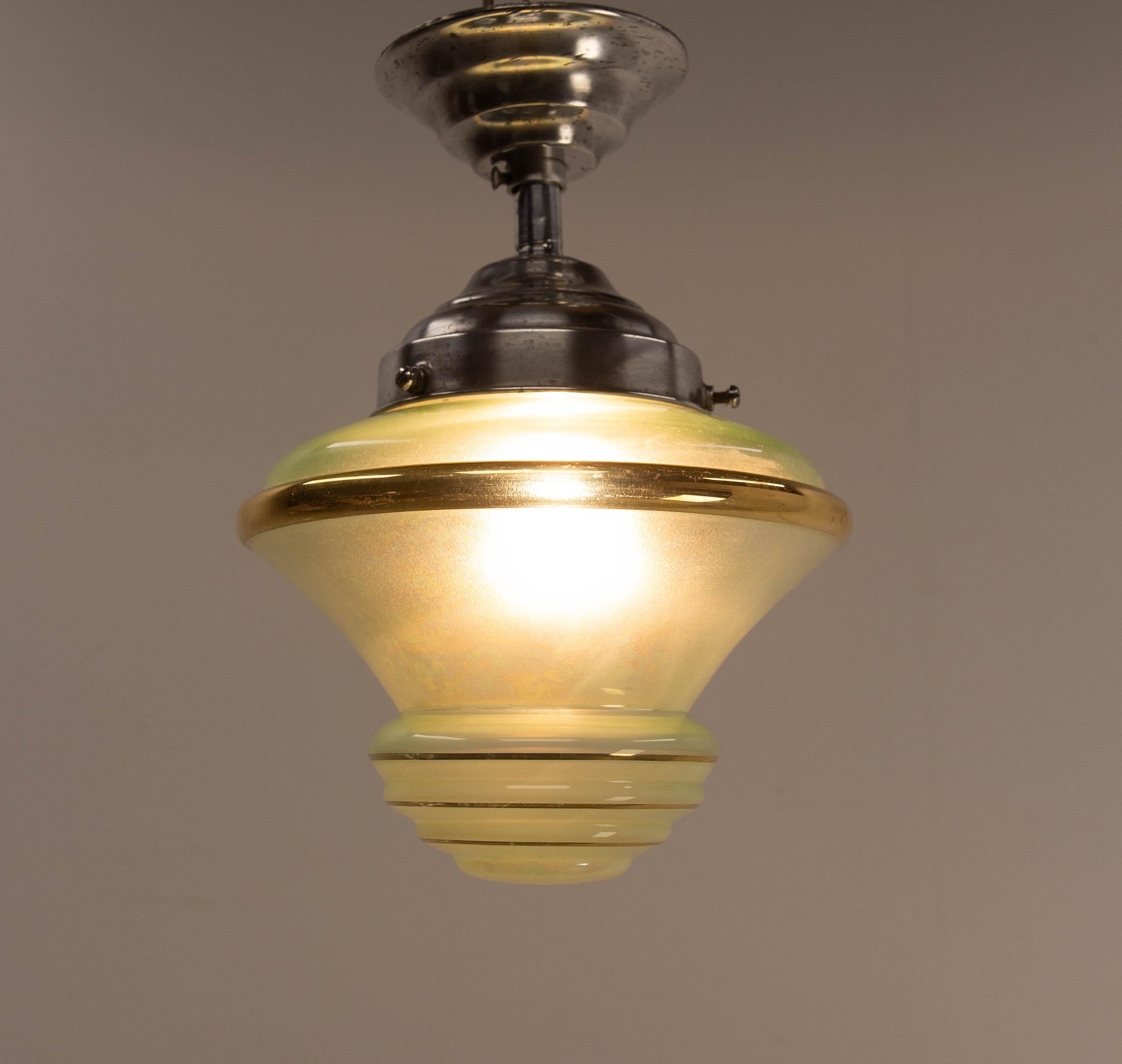 French Art Deco Chandelier Green Art Glass & Aluminium Ceiling Pendant, c 1920 For Sale 1