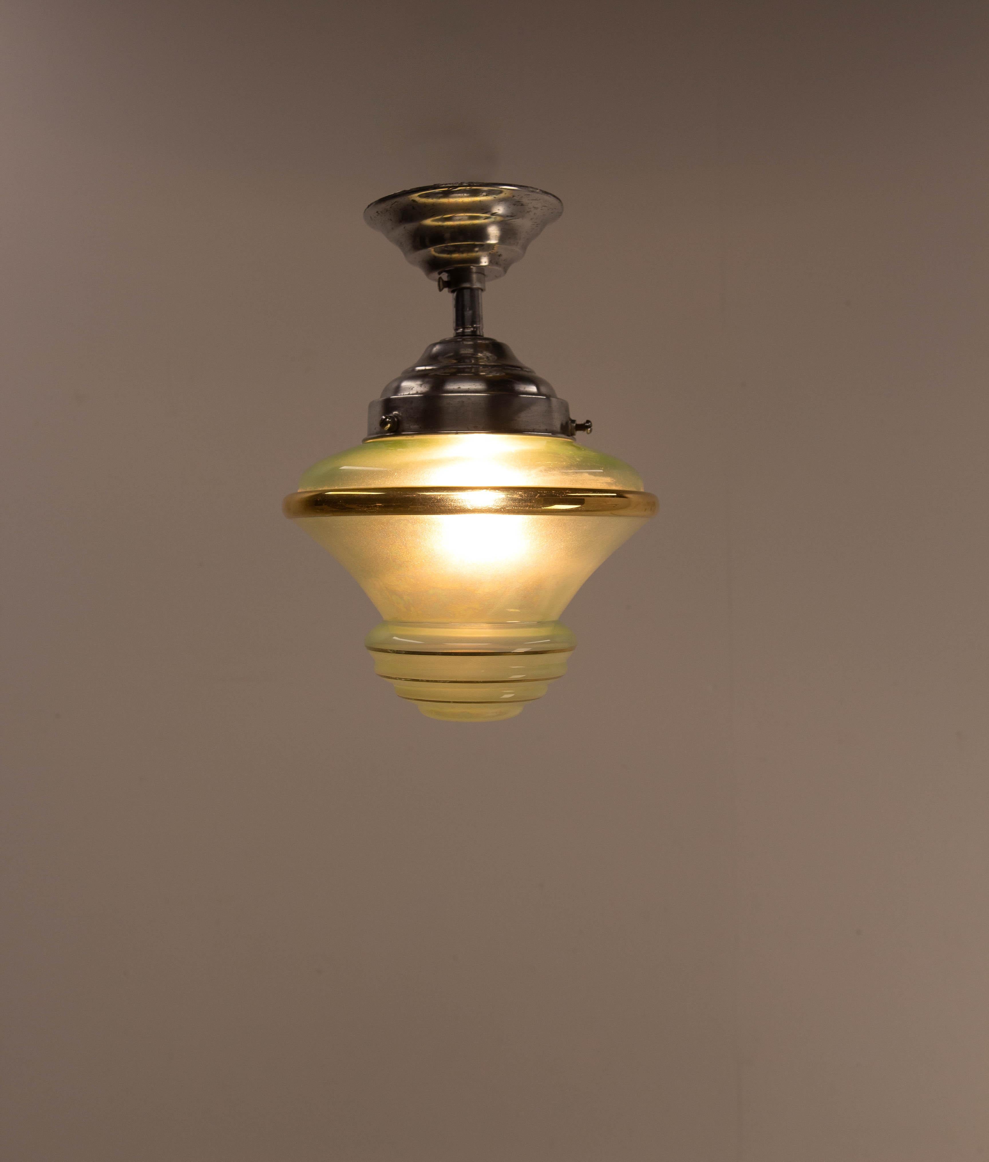French Art Deco Chandelier Green Art Glass & Aluminium Ceiling Pendant, c 1920 For Sale 2
