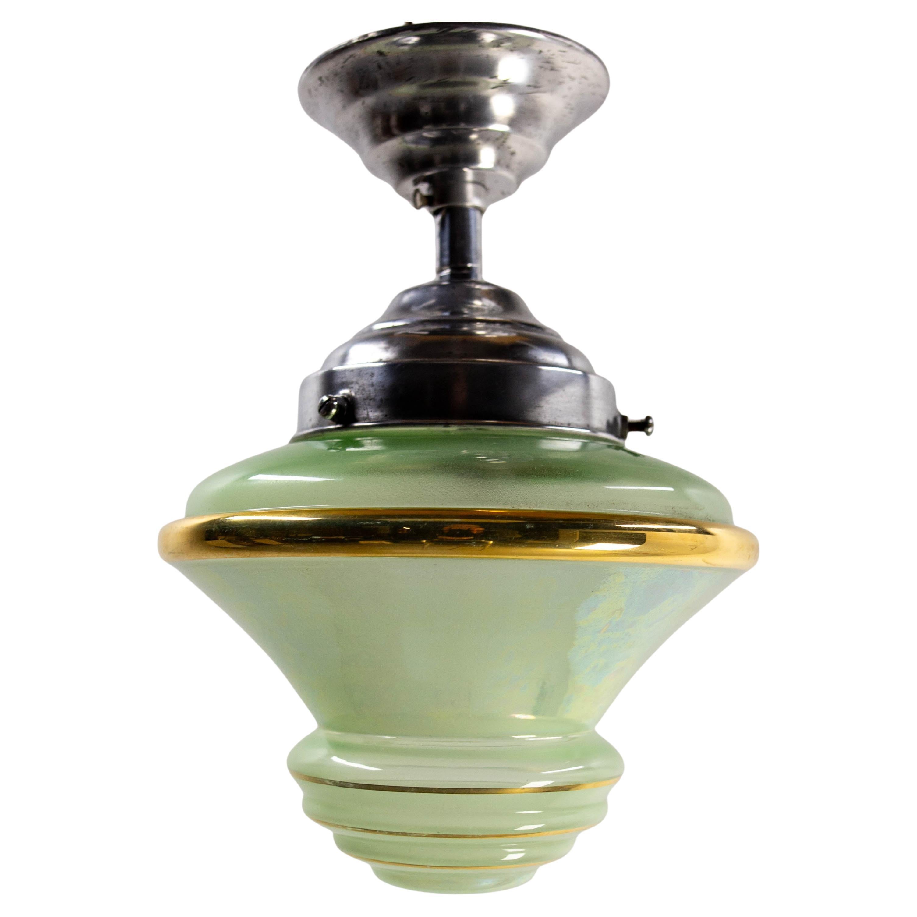 French Art Deco Chandelier Green Art Glass & Aluminium Ceiling Pendant, c 1920