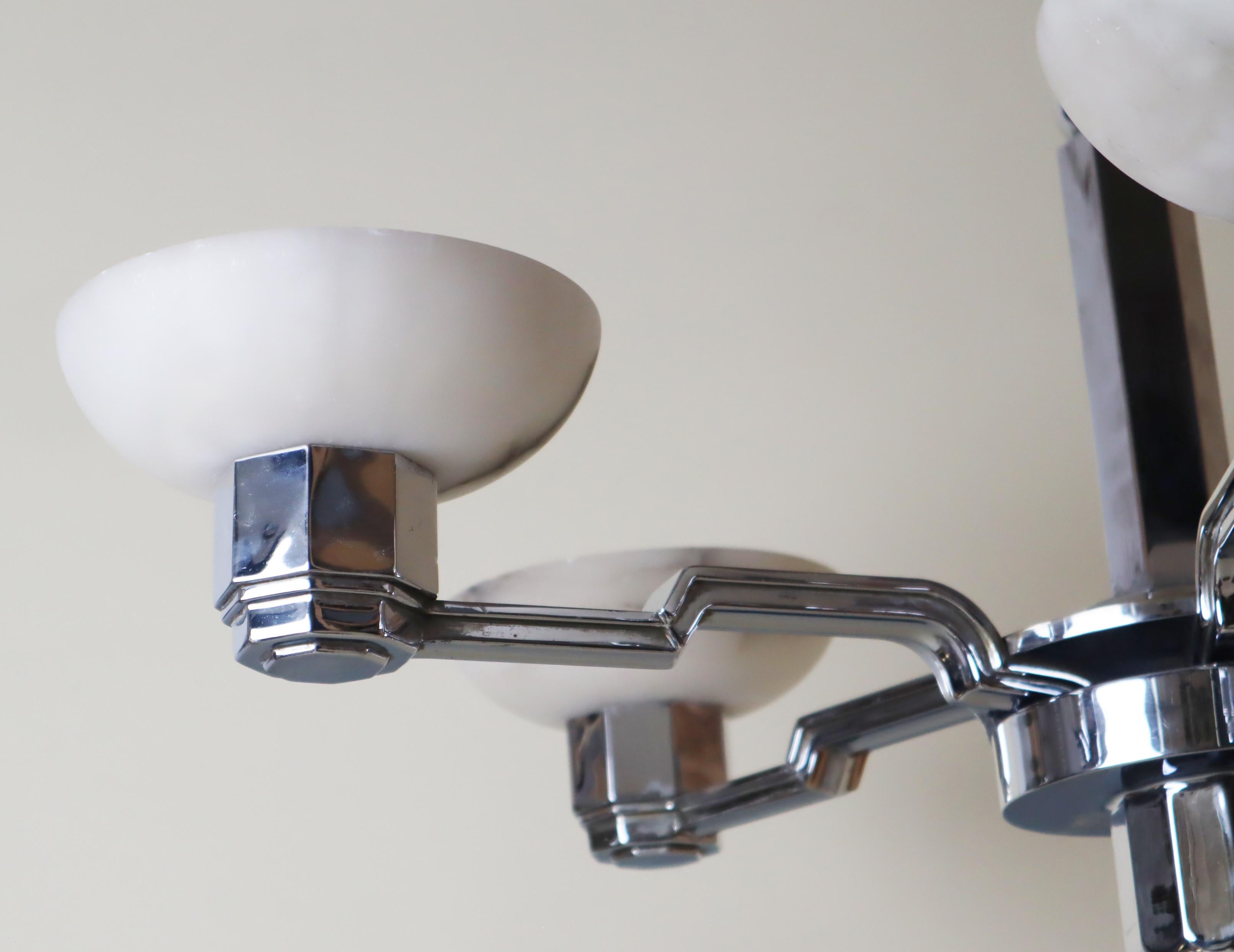 French Art Deco Chandelier in Alabaster and Chrome, Jean Gauthier 1930 For Sale 8