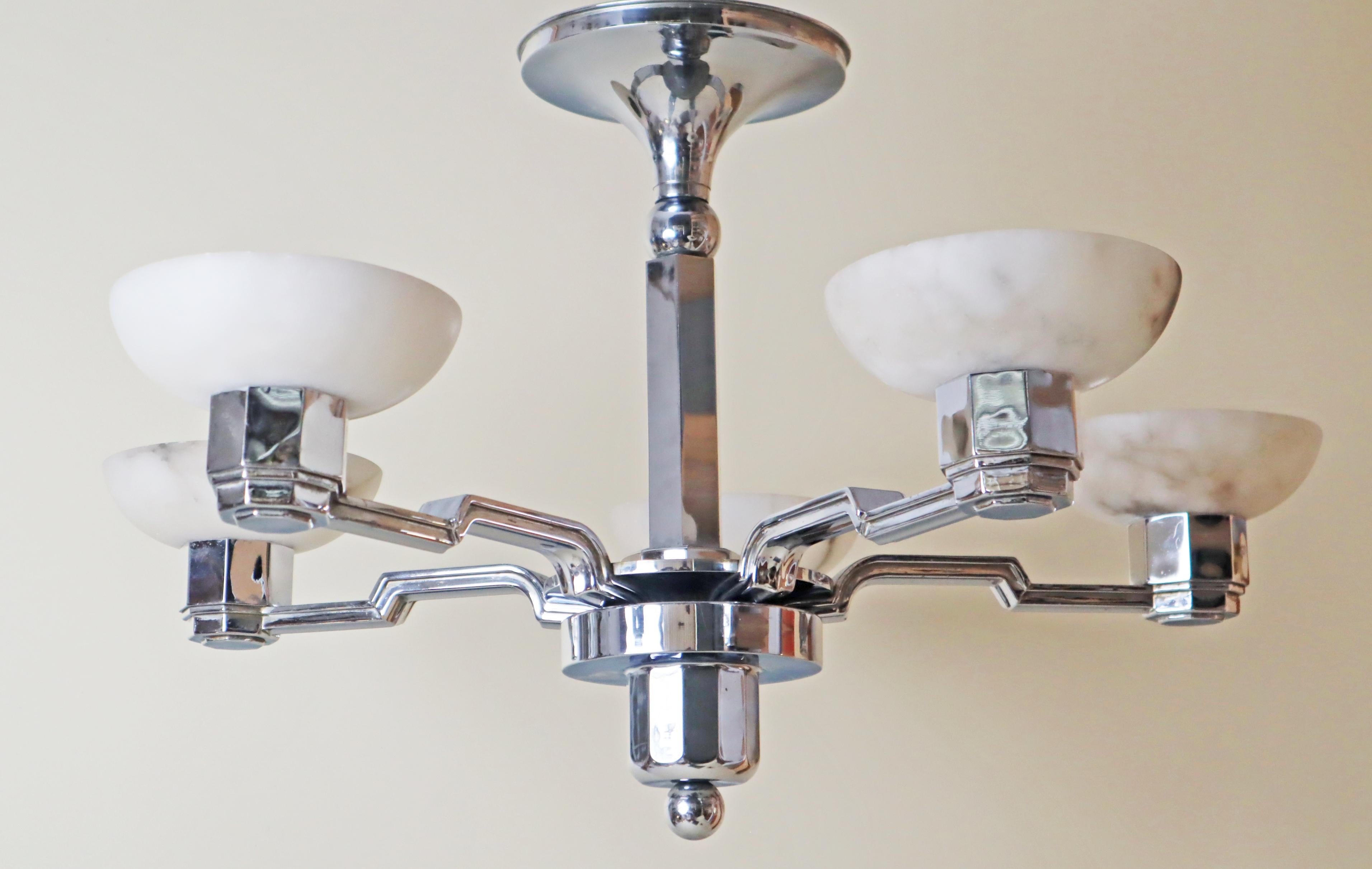 French Art Deco Chandelier in Alabaster and Chrome, Jean Gauthier 1930 For Sale 9