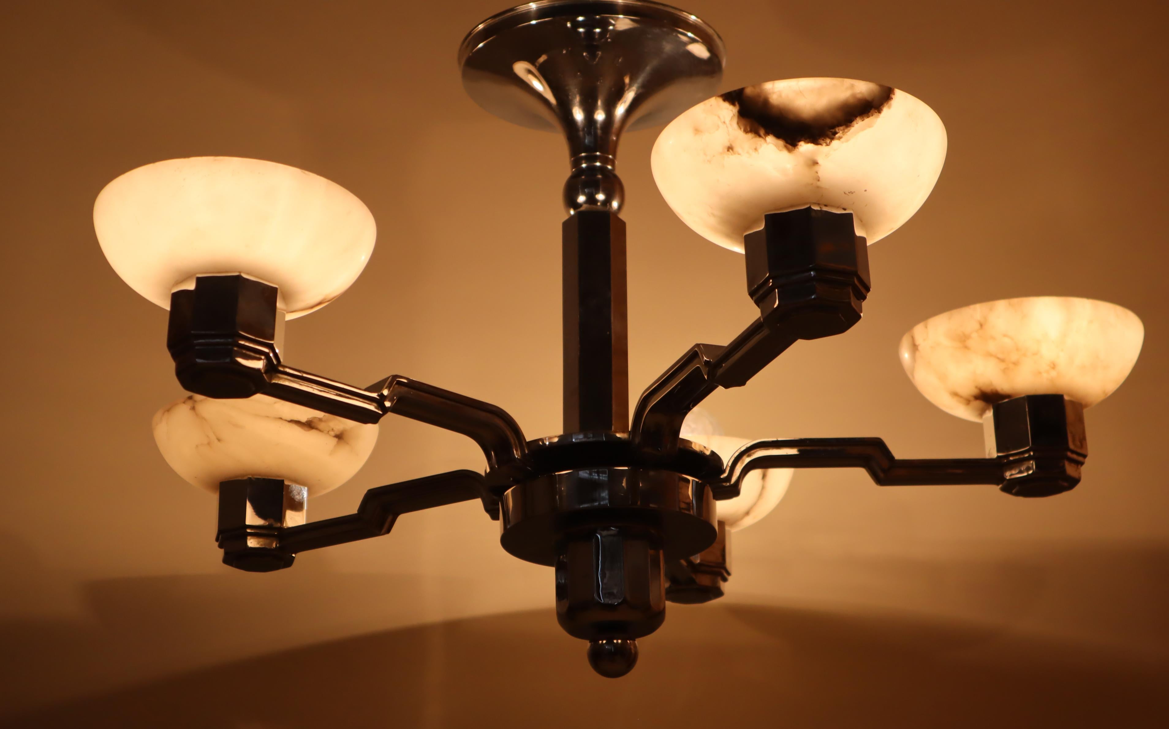 French Art Deco Chandelier in Alabaster and Chrome, Jean Gauthier 1930 For Sale 11