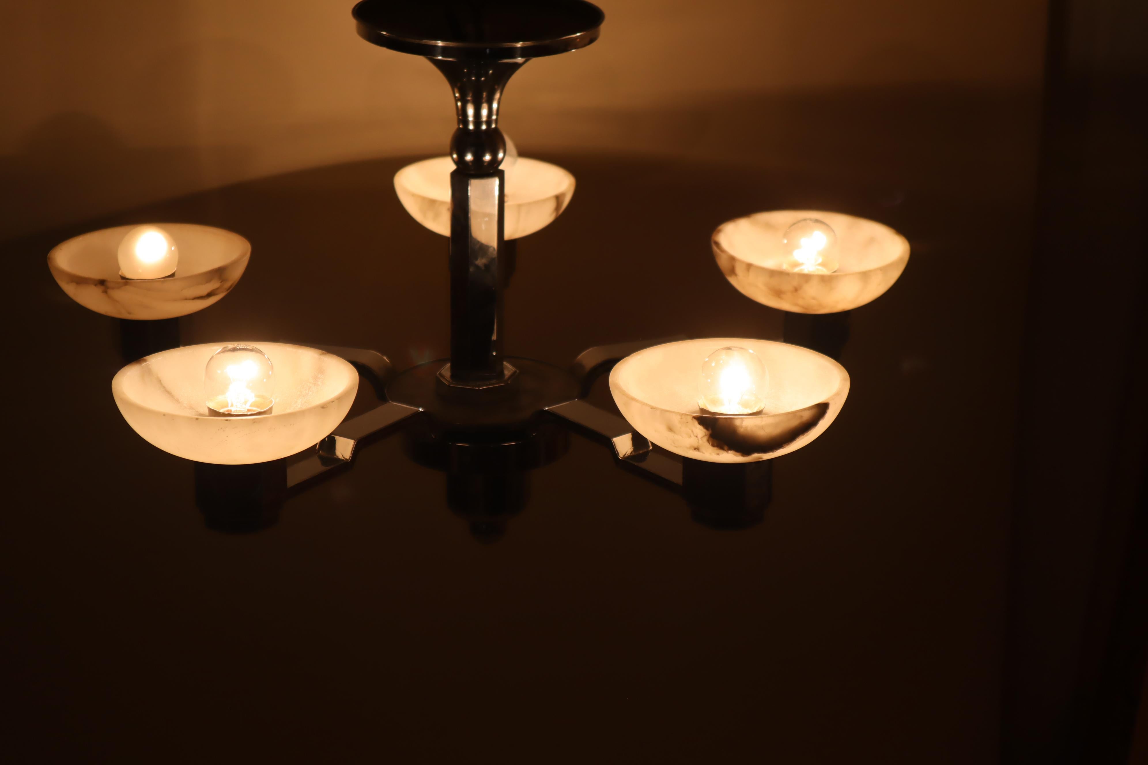 French Art Deco Chandelier in Alabaster and Chrome, Jean Gauthier 1930 For Sale 12