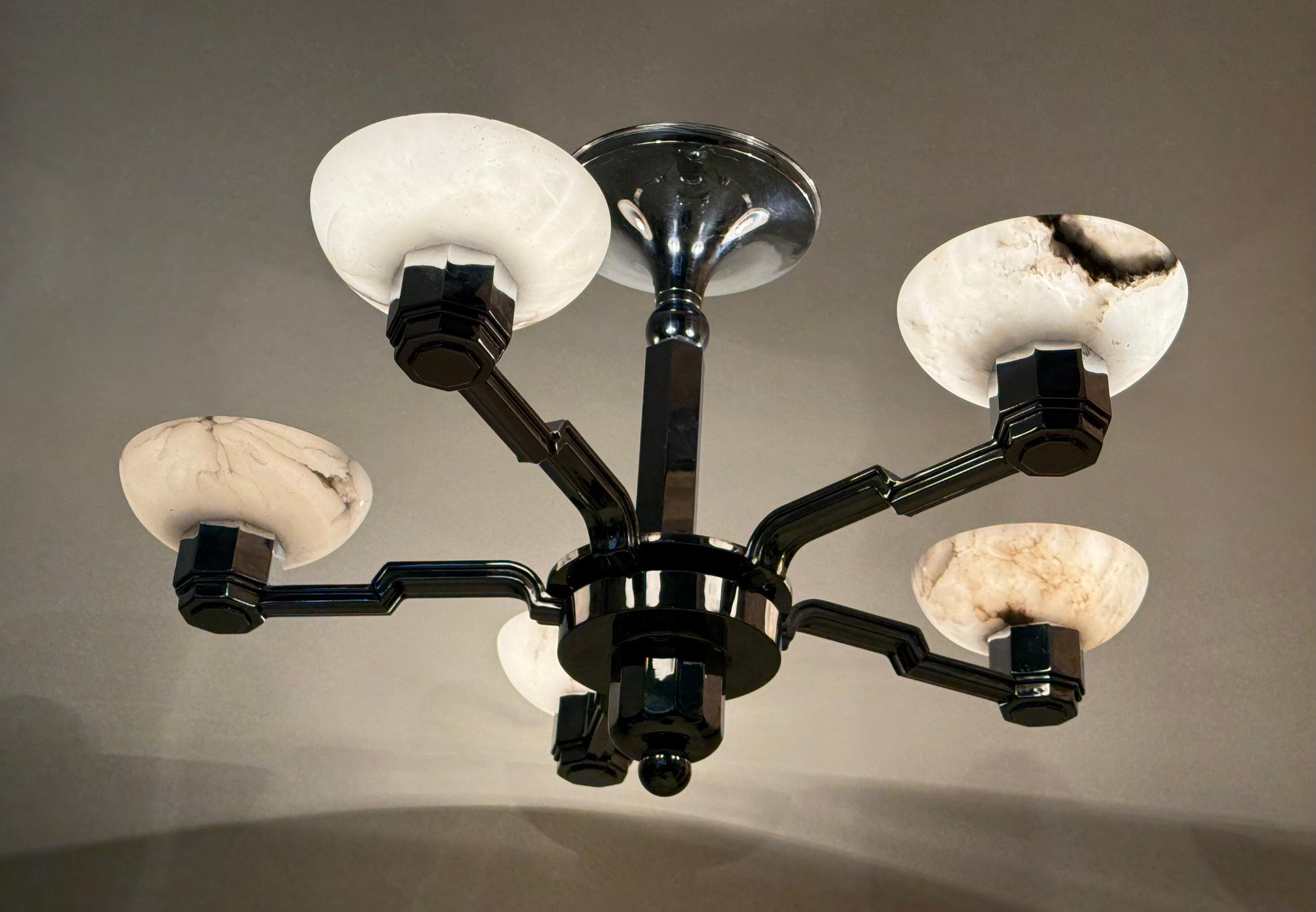 French Art Deco Chandelier in Alabaster and Chrome, Jean Gauthier 1930 For Sale 13