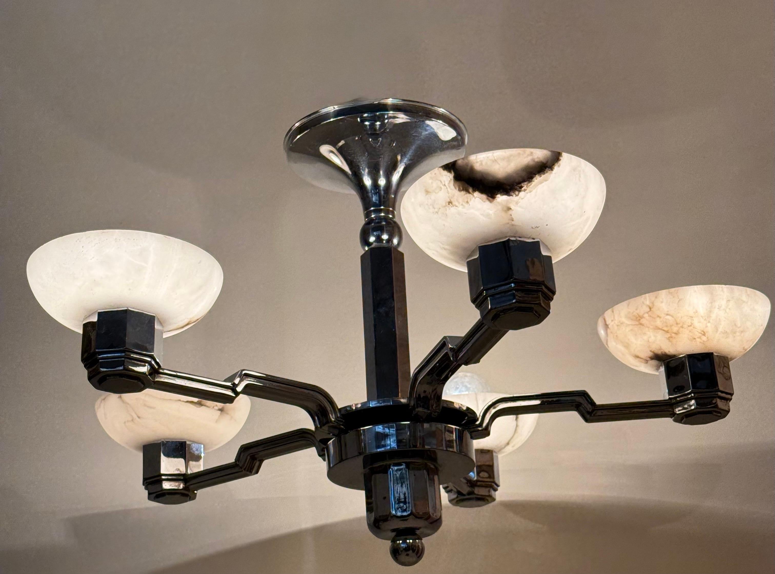 French Art Deco Chandelier in Alabaster and Chrome, Jean Gauthier 1930 For Sale 14