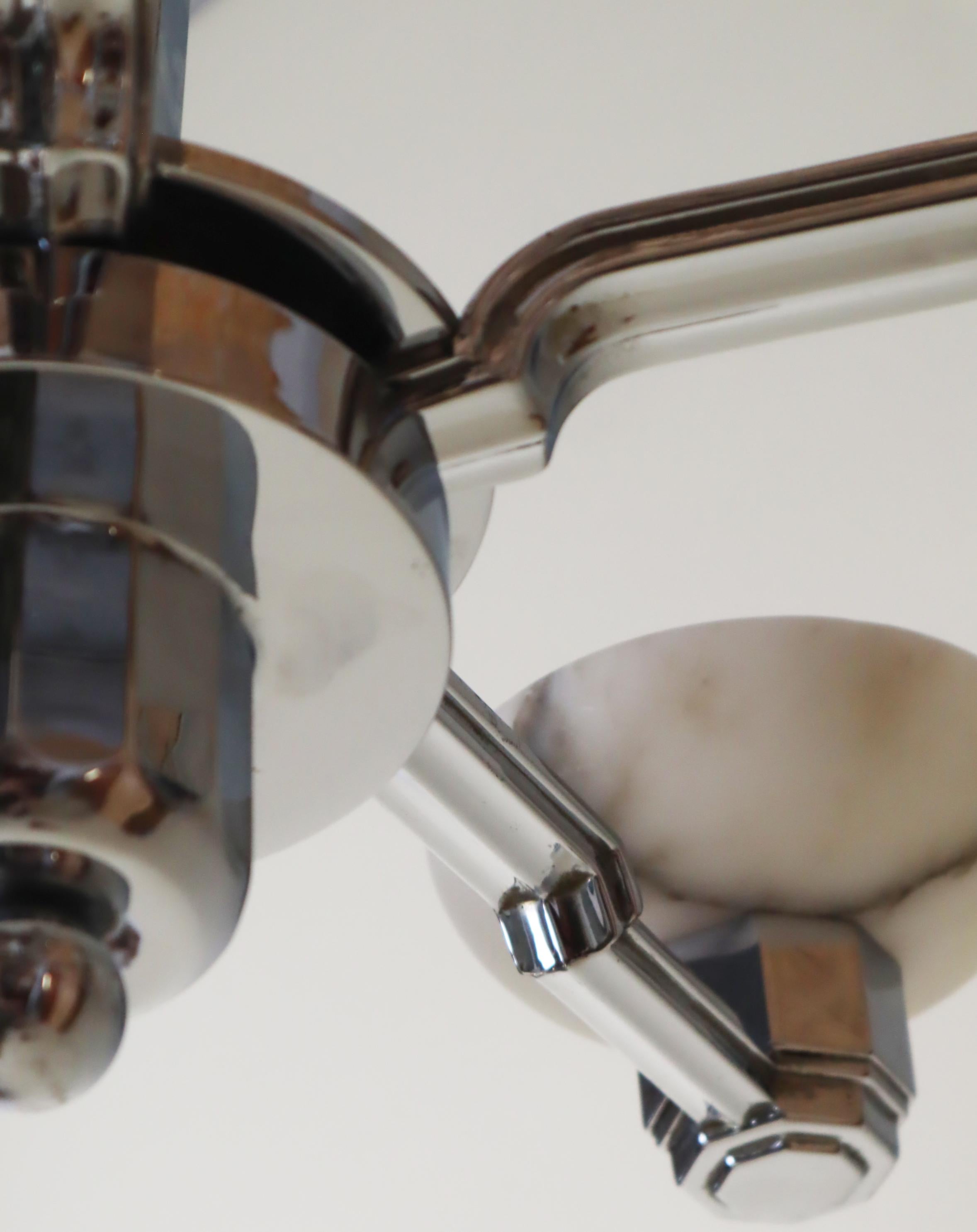 Hand-Crafted French Art Deco Chandelier in Alabaster and Chrome, Jean Gauthier 1930 For Sale