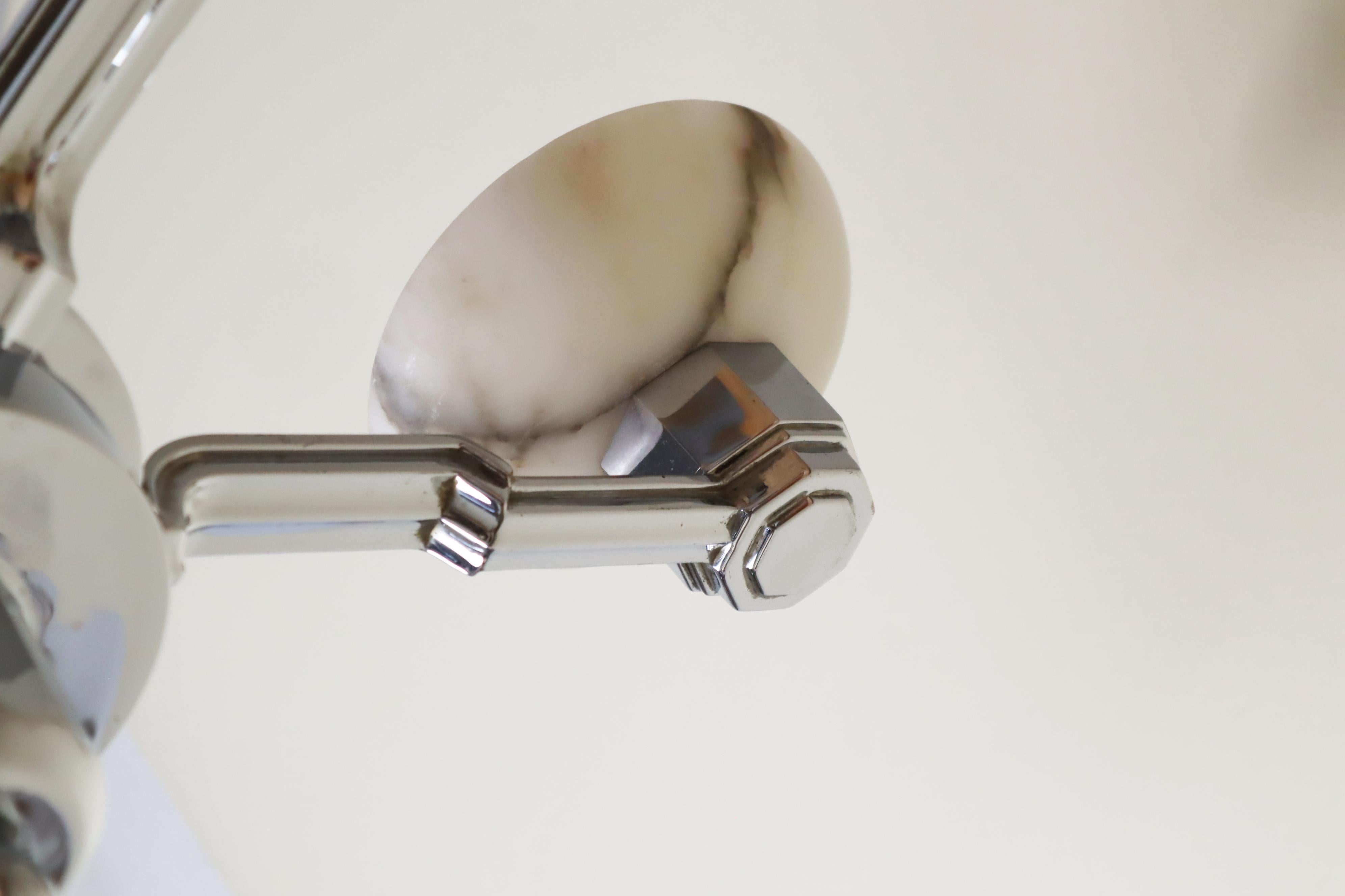 Mid-20th Century French Art Deco Chandelier in Alabaster and Chrome, Jean Gauthier 1930 For Sale