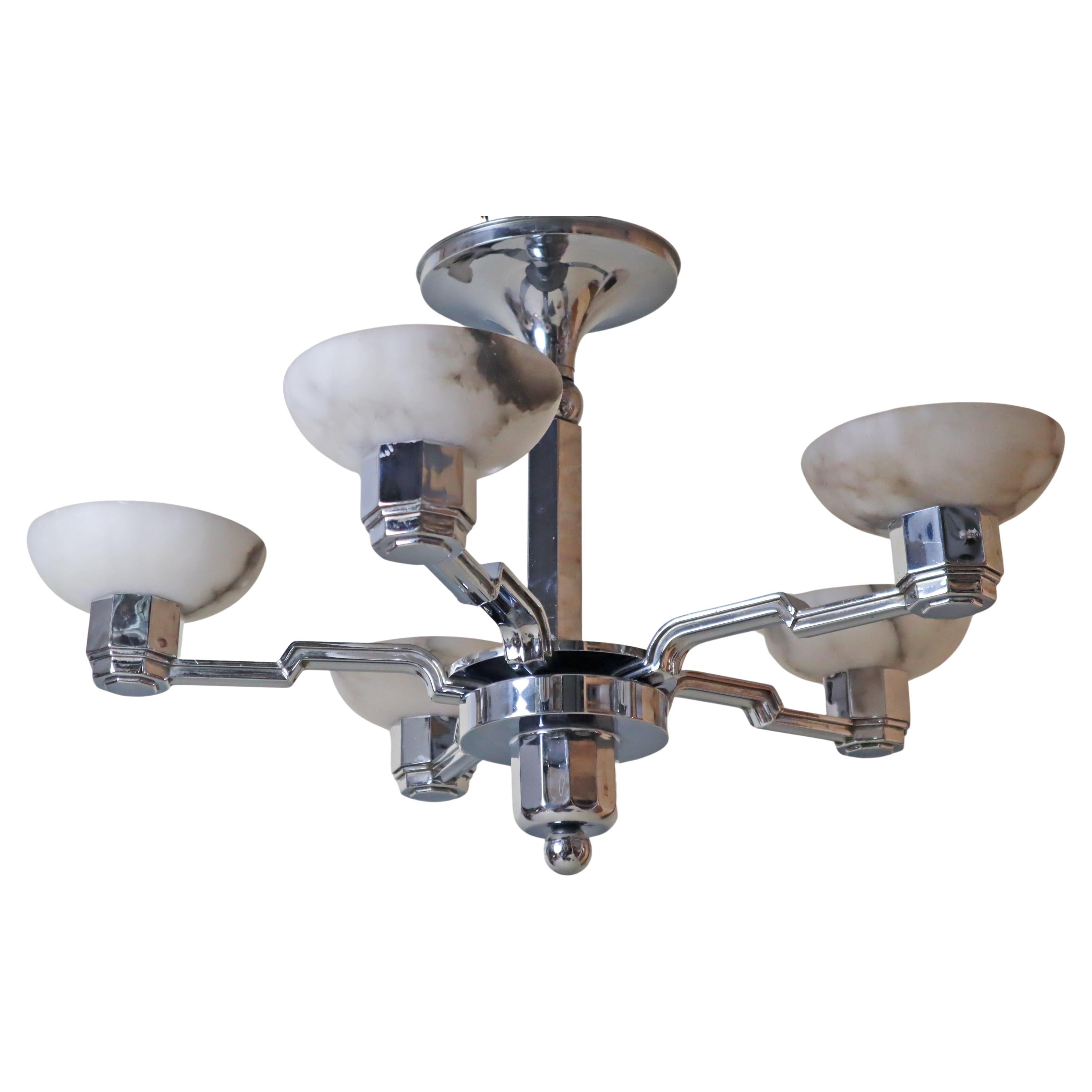 French Art Deco Chandelier in Alabaster and Chrome, Jean Gauthier 1930 For Sale
