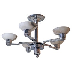 French Art Deco Chandelier in Alabaster and Chrome, Jean Gauthier 1930